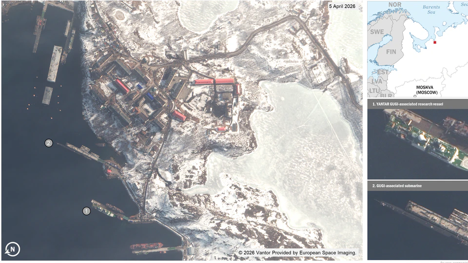 Ein Satellitenbild zeigt den russischen Marinestützpunkt Olenja im hohen Norden – kurz bevor mehrere GUGI-Spezialeinheiten Richtung britische Gewässer aufbrachen.