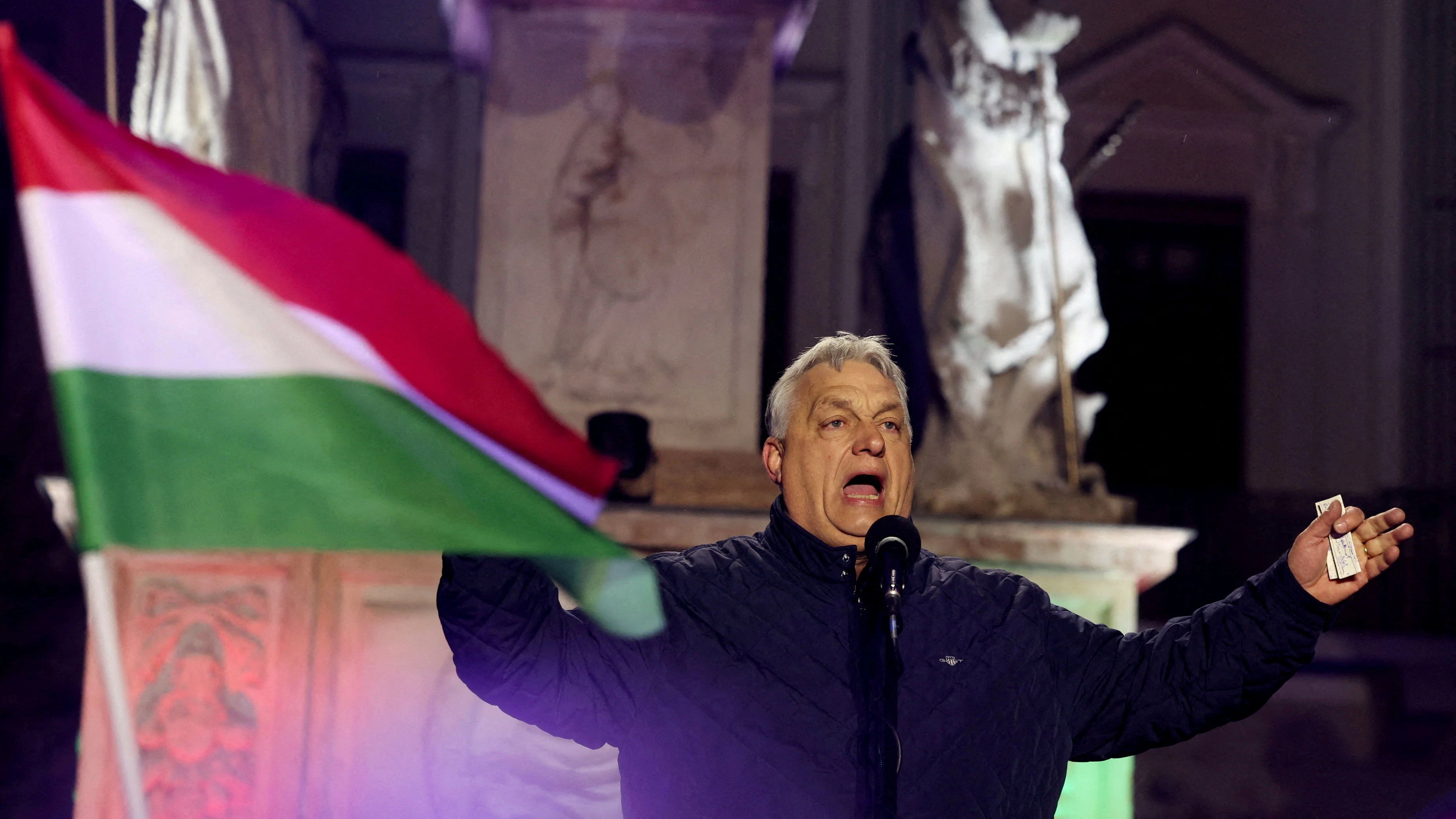 FILE PHOTO: Hungarian Prime Minister Viktor Orban speaks during an election campaign rally in Gyor, Hungary, March 27, 2026. REUTERS/Bernadett Szabo/File Photo