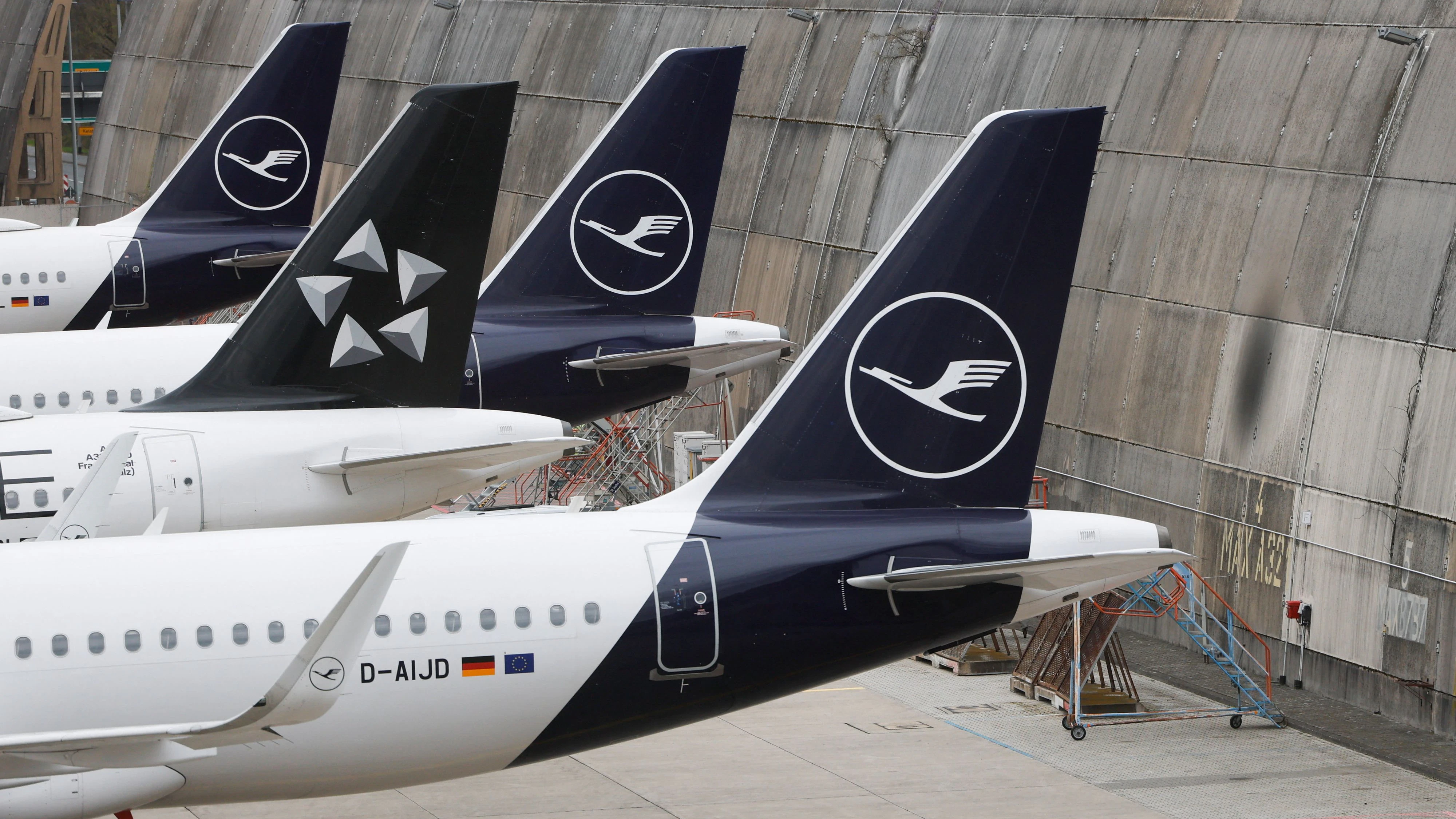Lufthansa Group airplanes are parked on the tarmac during a strike by the UFO union, representing Lufthansa cabin crew, at Frankfurt Airport, Germany, April 10, 2026. REUTERS/Heiko Becker