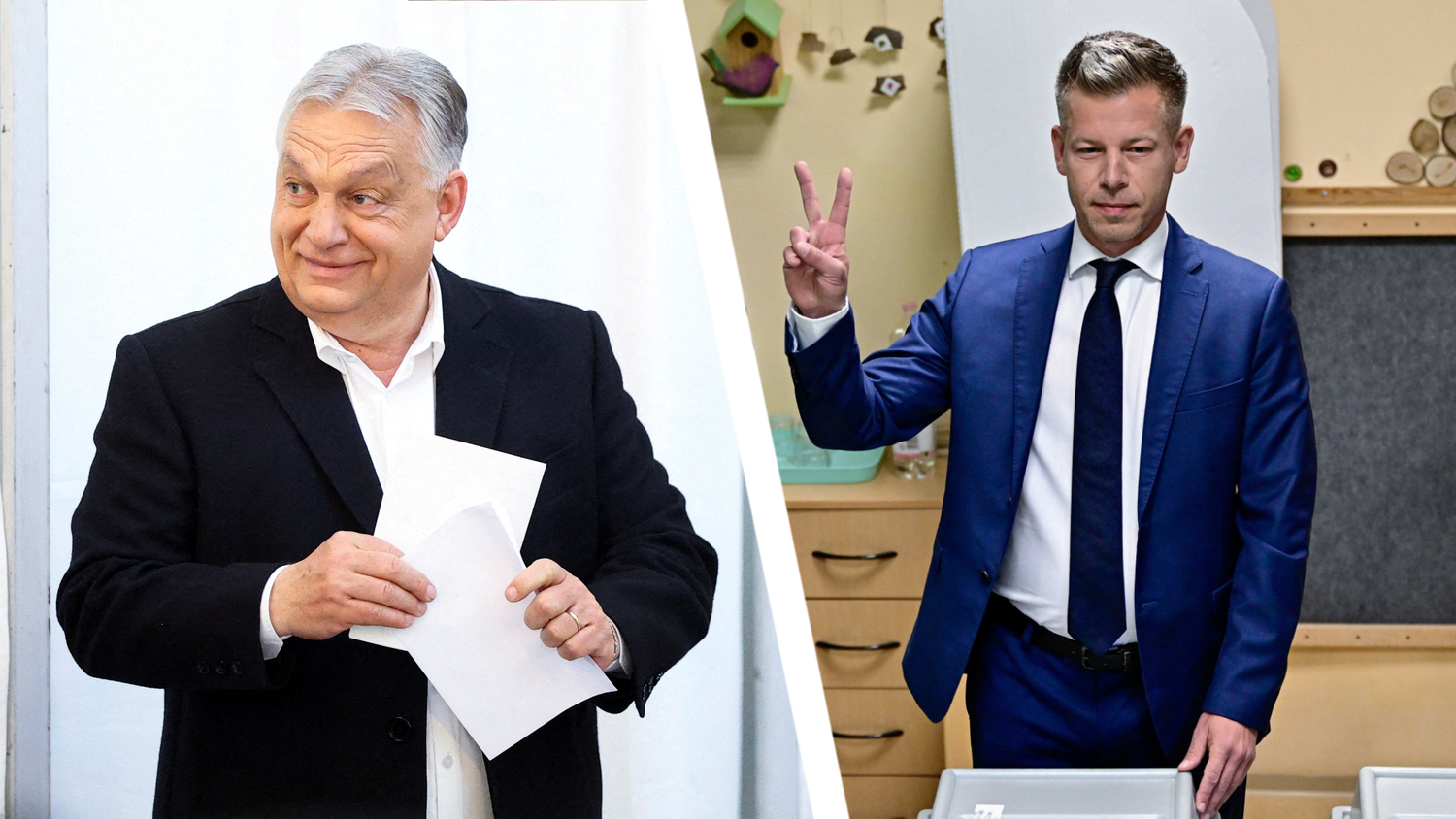 Viktor Orbán und Péter Magyar bei der Stimmabgabe.