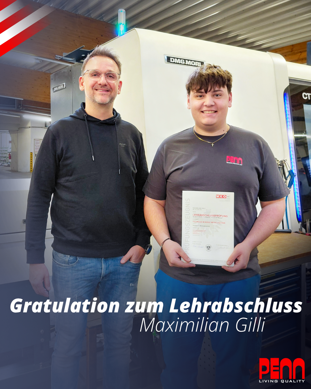 Geschäftsführer Gernot Penn mit Max Gilli, Vizestaatsmeister CNC Drehen.