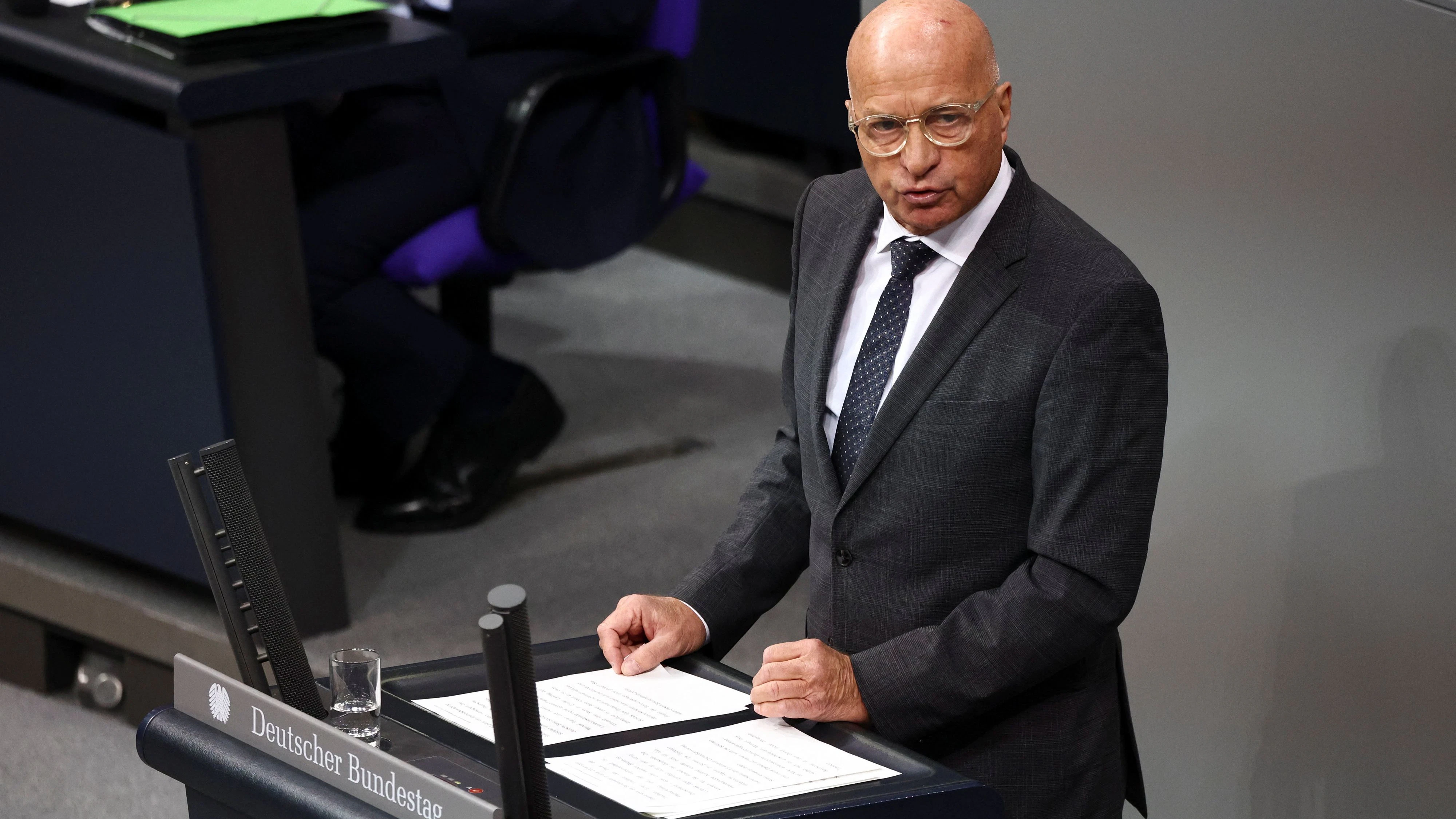 Member of the far-right Alternative for Germany (AfD) party Ruediger Lucassen speaks during a plenum session of the lower house of parliament, the Bundestag, in Berlin, Germany, December 5, 2025. REUTERS/Liesa Johannssen  