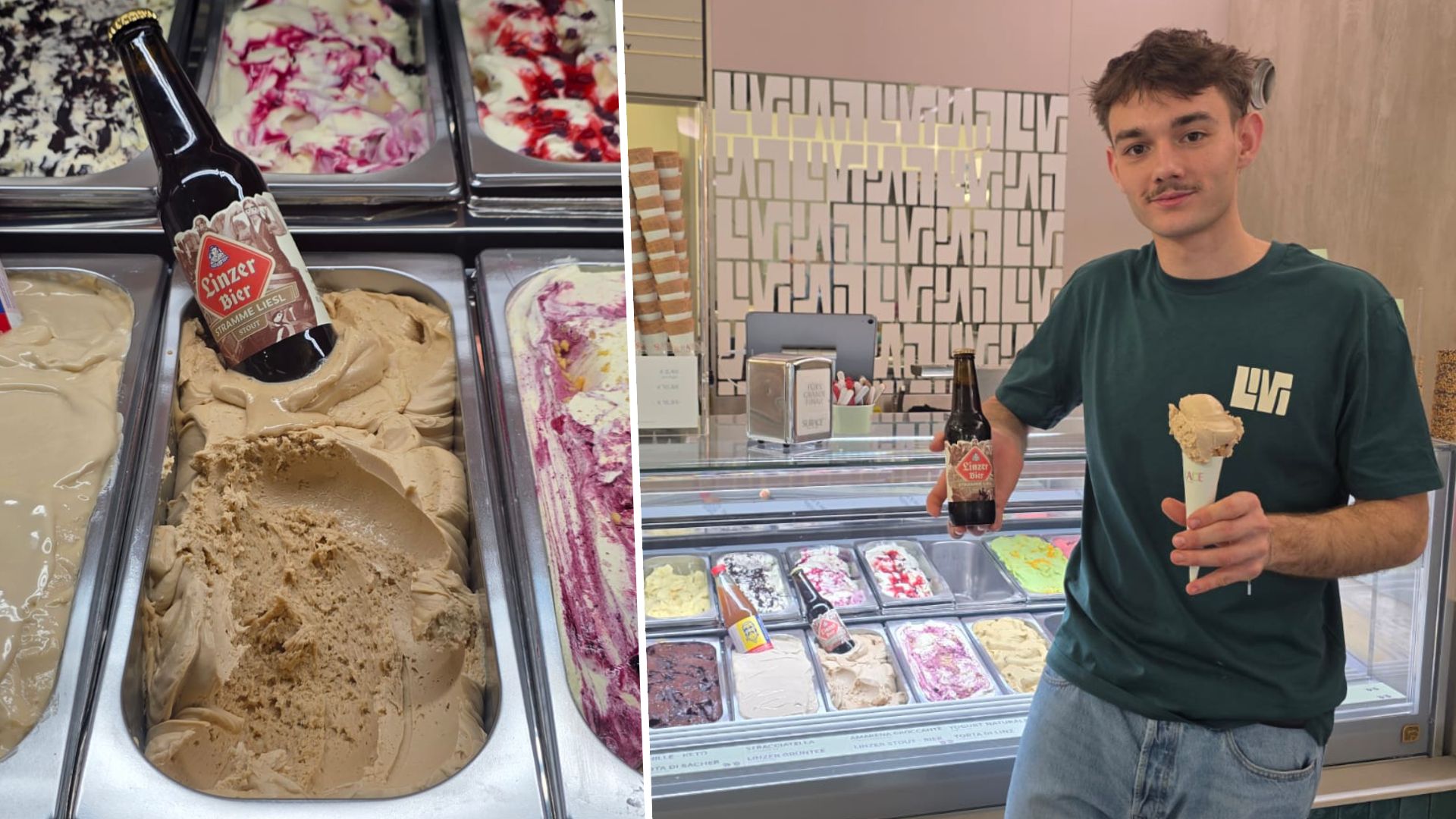 Bier in der Eis-Wanne: Livio Surace (22) bietet das Linzer-Stout-Eis in seinem Lokal an.
