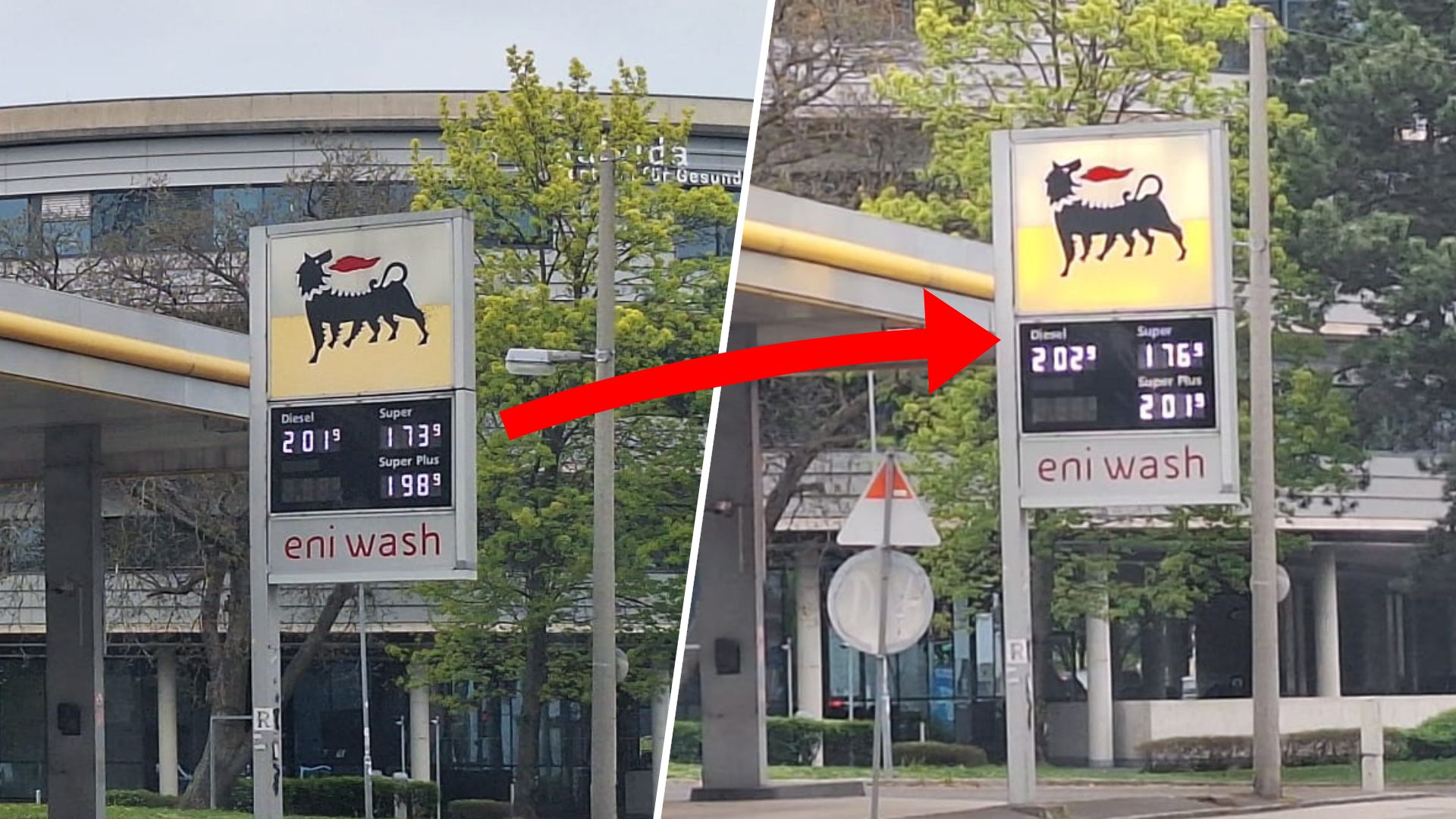 Der Preisvergleich bei einer Linzer Tankstelle: Am Vormittag (links) und Nachmittag (rechts).