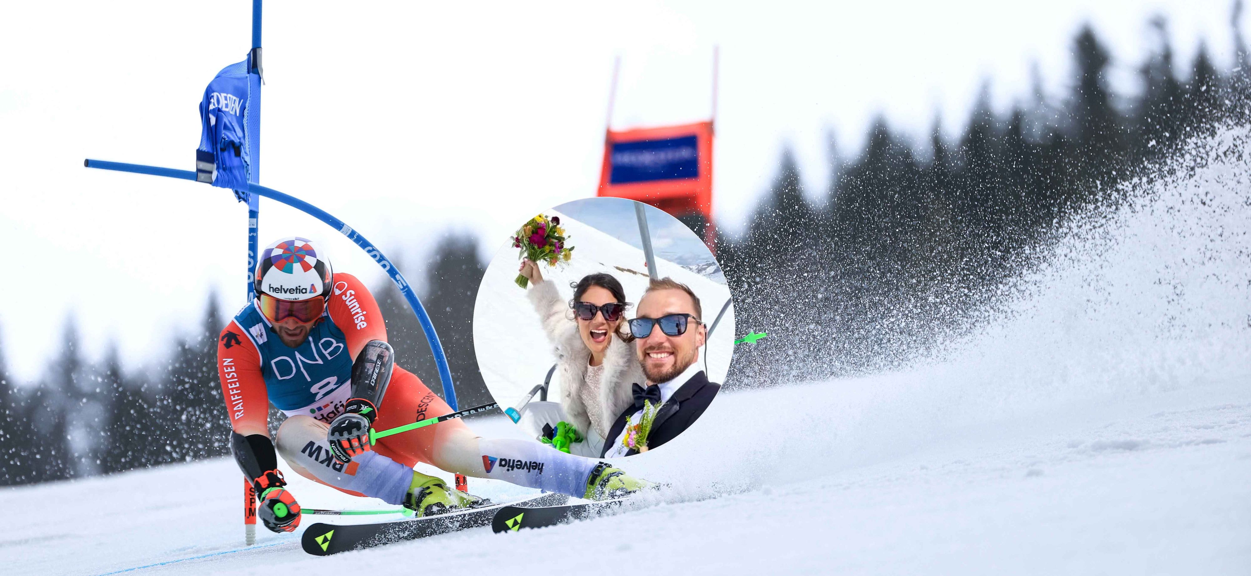 Luca Aerni in Ski-Action und mit seiner Ehefrau Audrey