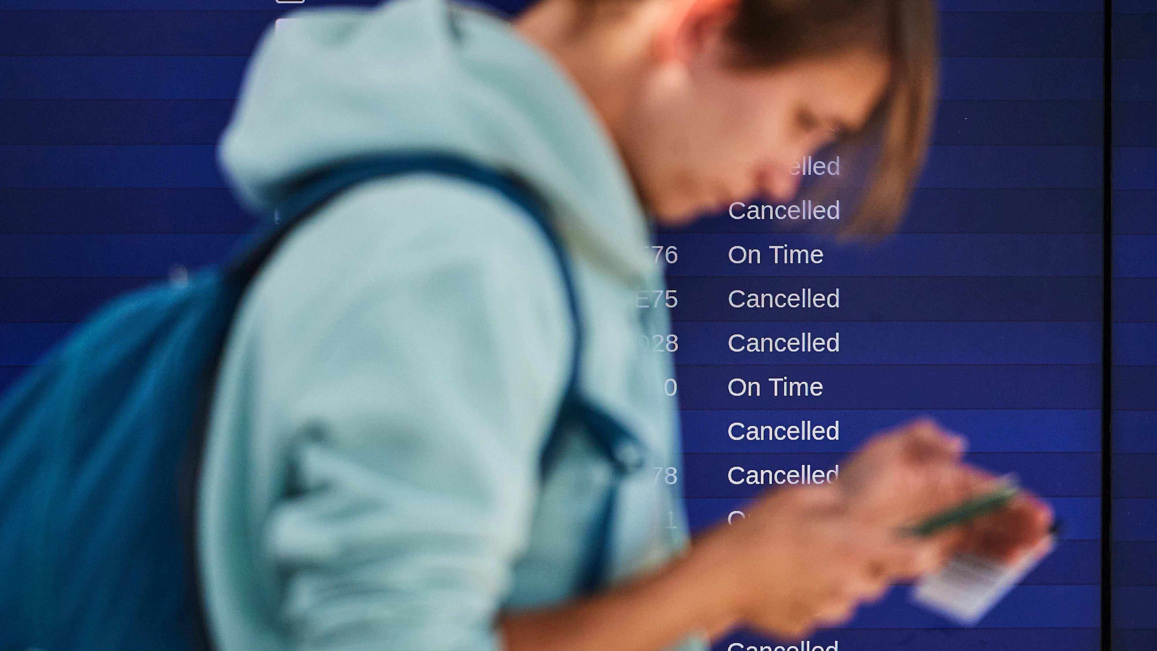 Air Canada flights show as cancelled as flight attendants picket at Pearson International Airport in Toronto, on Monday, Aug. 18, 2025. THE CANADIAN PRESS/Sammy Kogan