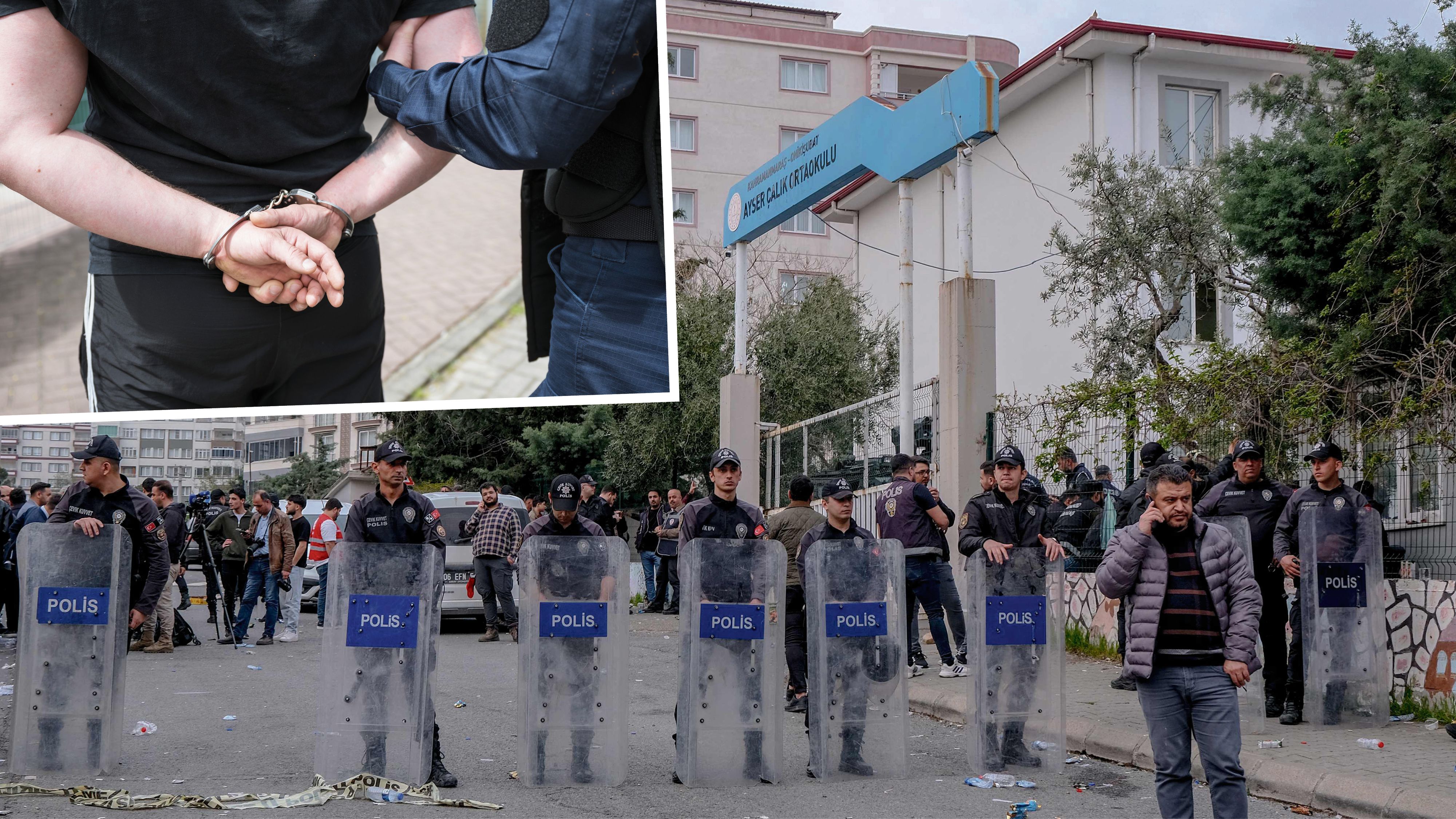 Polizisten sichern das Schulgebäude in Kahramanmaras nach der Bluttat.