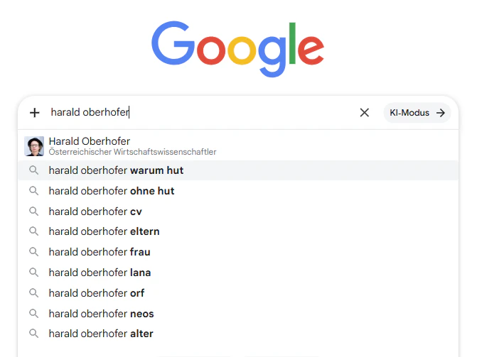 Die Reihung der Google-Such-Vorschläge enthüllt: Oberhofers Hut bewegt