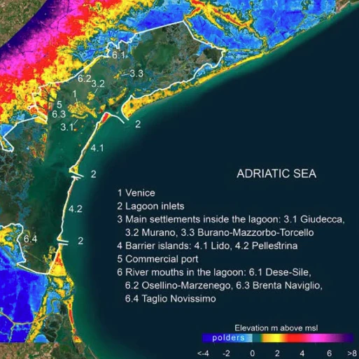 Die Farbskala zeigt die Höhenlage der Landflächen um die Lagune von Venedig und der Laguneninseln