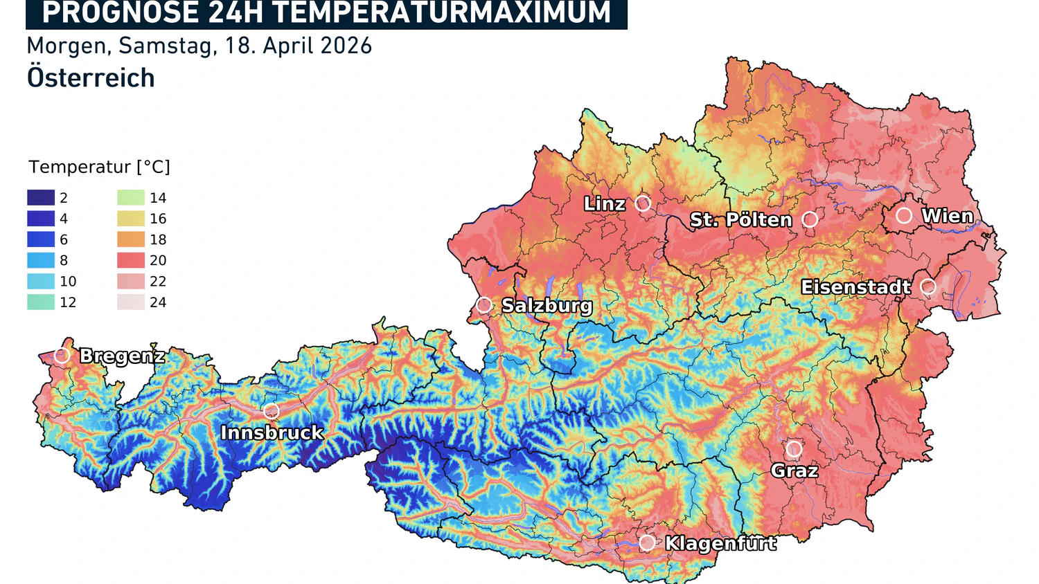 Höchstwerte am Samstag, den 18.04.2026, in Österreich. Recht verbreitet werden 17 bis 24 Grad erreicht.