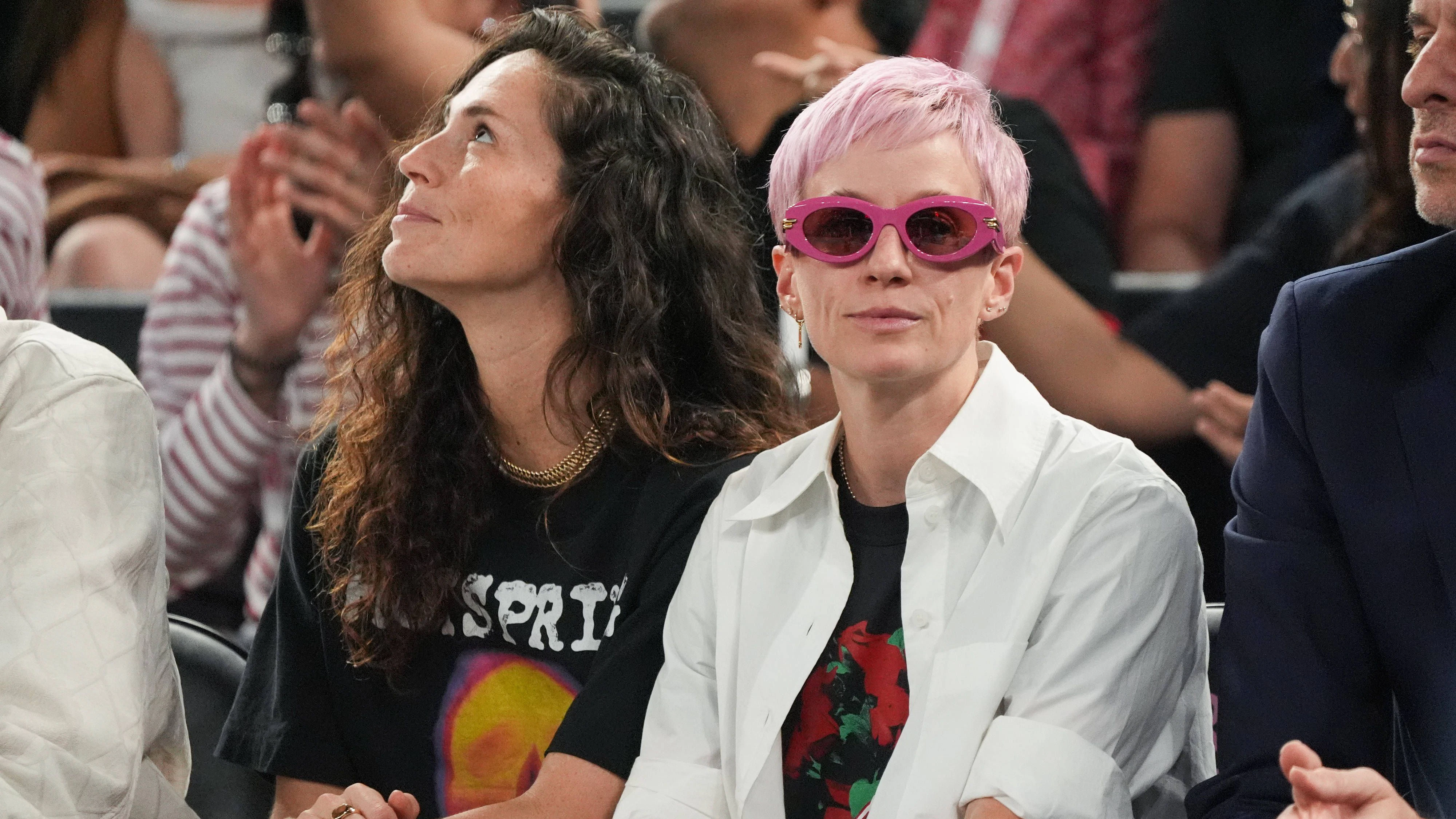 Sue Bird L former US Olympic Women s Basketball player and Megan Rapinoe former US Olympic Women s Soccer player take in the Men s Basketball gold medal game between the USA and France during the Paris 2024 Olympic Games, Olympische Spiele, Olympia, OS at the Bercy Arena in Paris, France on Saturday, August 10, 2024. PUBLICATIONxINxGERxSUIxAUTxHUNxONLY OLY202408101211 RICHARDxELLIS