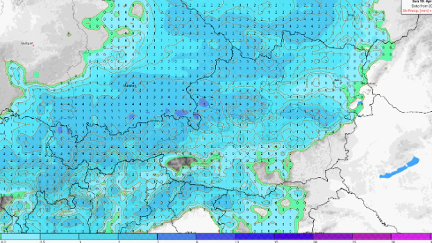 Niederschlagsprognose (Schauer und Gewitter) für Sonntag nach dem ICON Modell