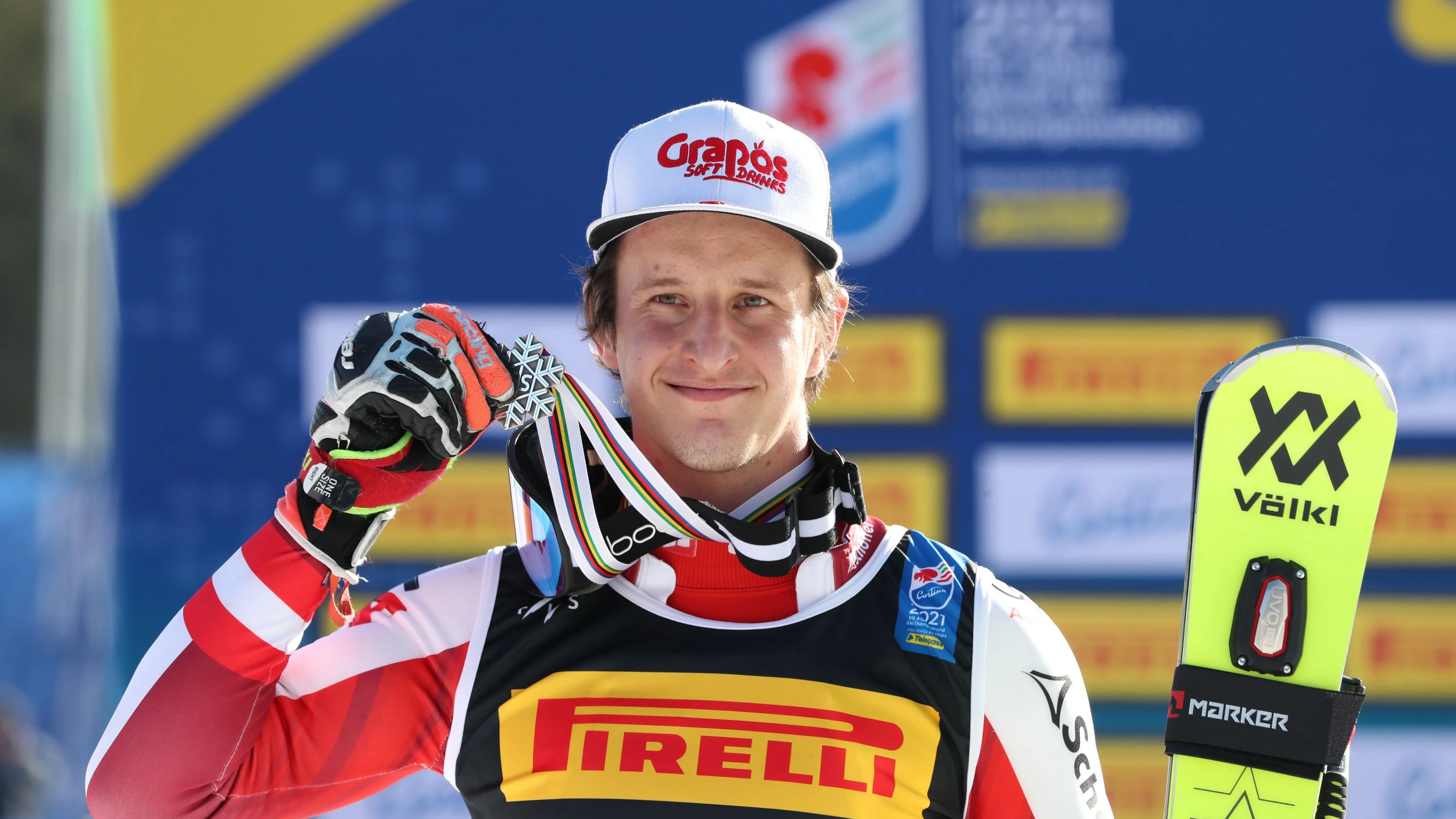 CORTINA D AMPEZZO,ITALY,21.FEB.21 - ALPINE SKIING - FIS Alpine World Ski Championships, slalom, men, award ceremony. Image shows Adrian Pertl (AUT). Keywords: medal. Photo: GEPA pictures/ Patrick Steiner
