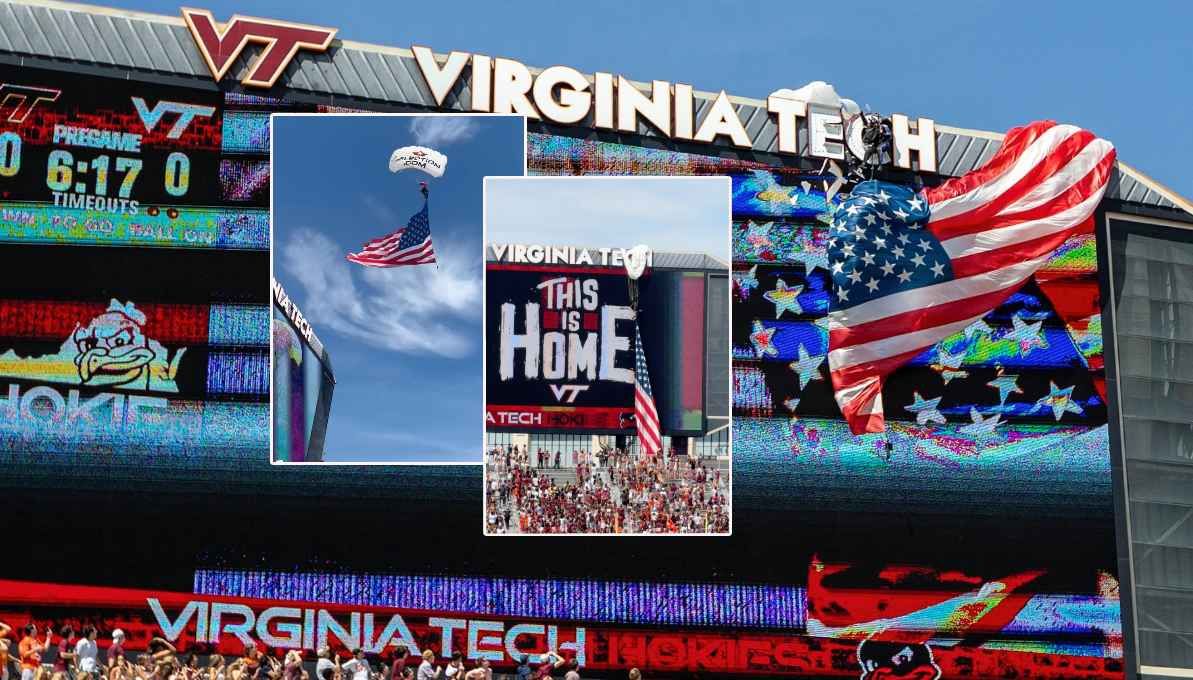 Dramatische Szene: Der Fallschirmspringer bleibt auf der Videowall hängen