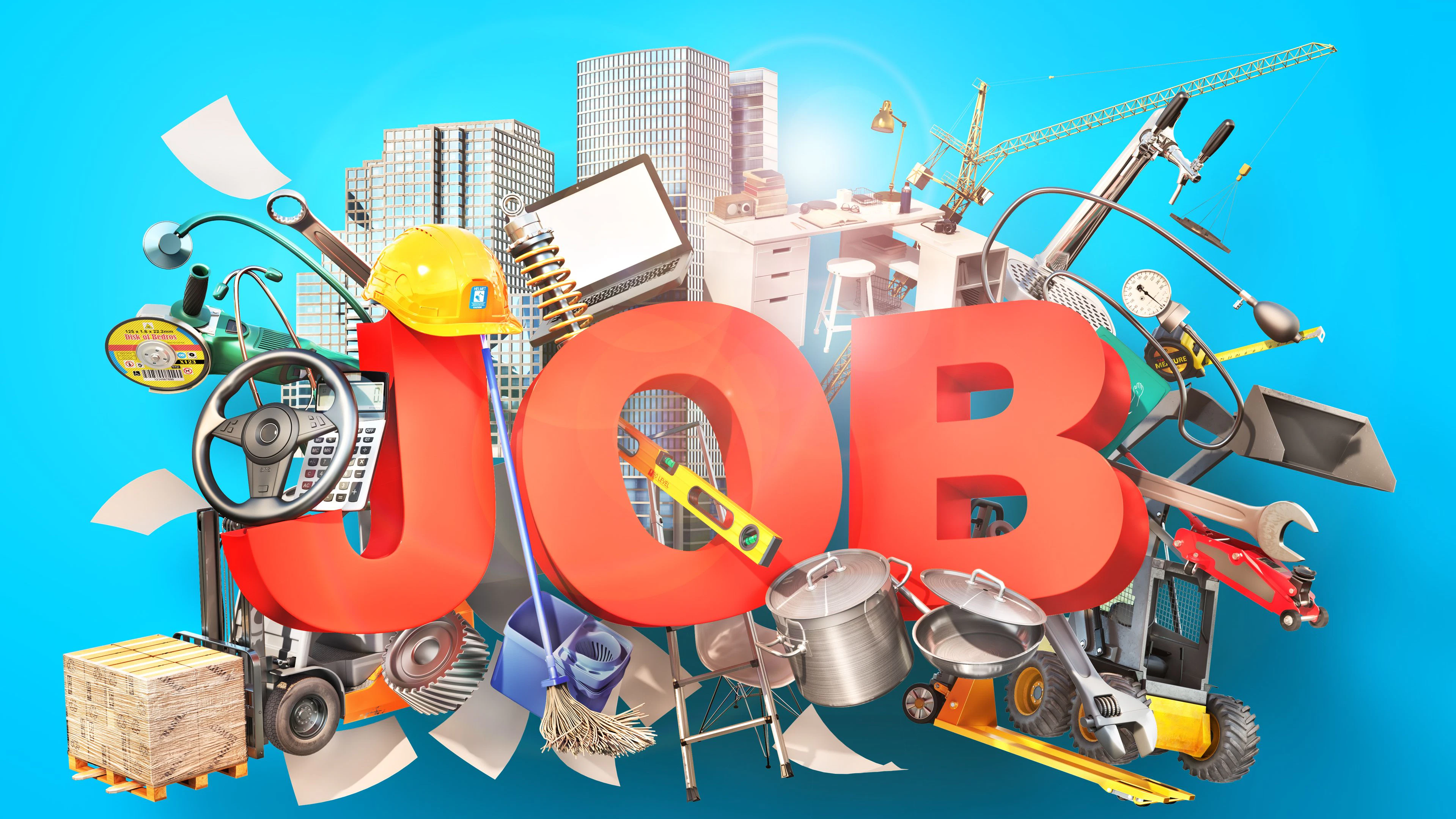 Job word with work tools. 3d illustration