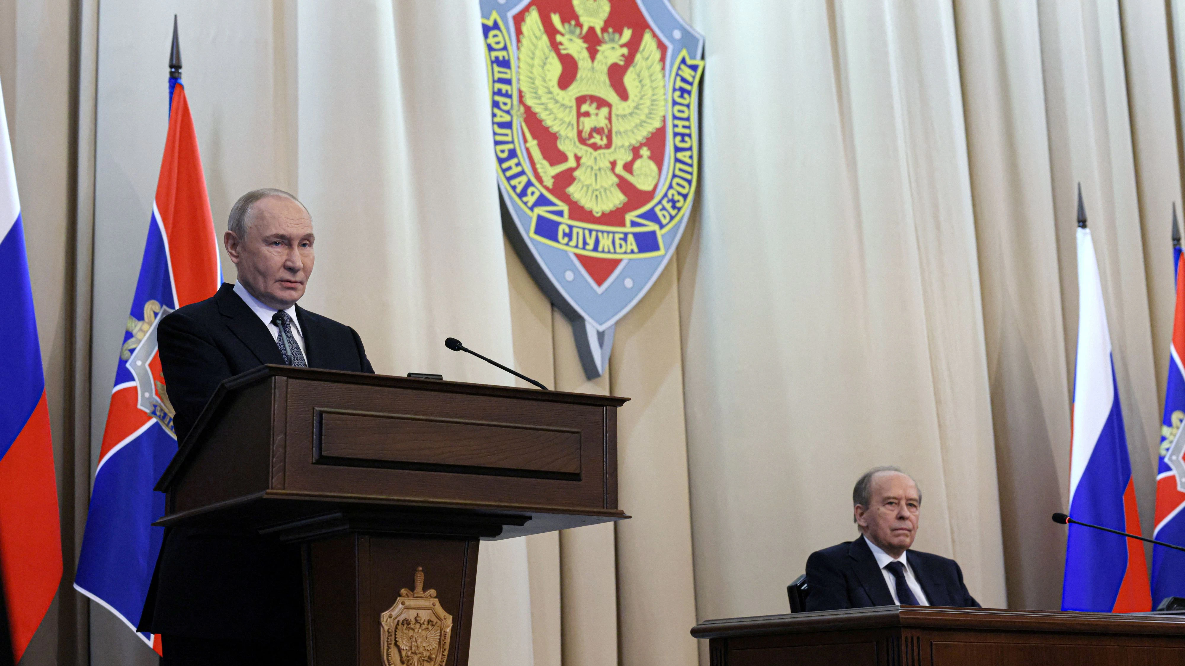Russia's President Vladimir Putin and Director of Federal Security Service (FSB) Alexander Bortnikov attend a meeting of the service's board in Moscow, Russia, February 24, 2026. Sputnik/Mikhail Metzel/Pool via REUTERS ATTENTION EDITORS - THIS IMAGE WAS PROVIDED BY A THIRD PARTY.