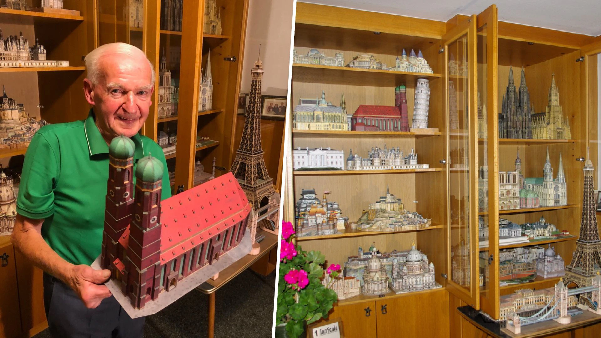 Furtners Vitrinen gehen schon über. Rechts: Der Bastler mit seinem Modell vom Münchner Liebfrauendom.