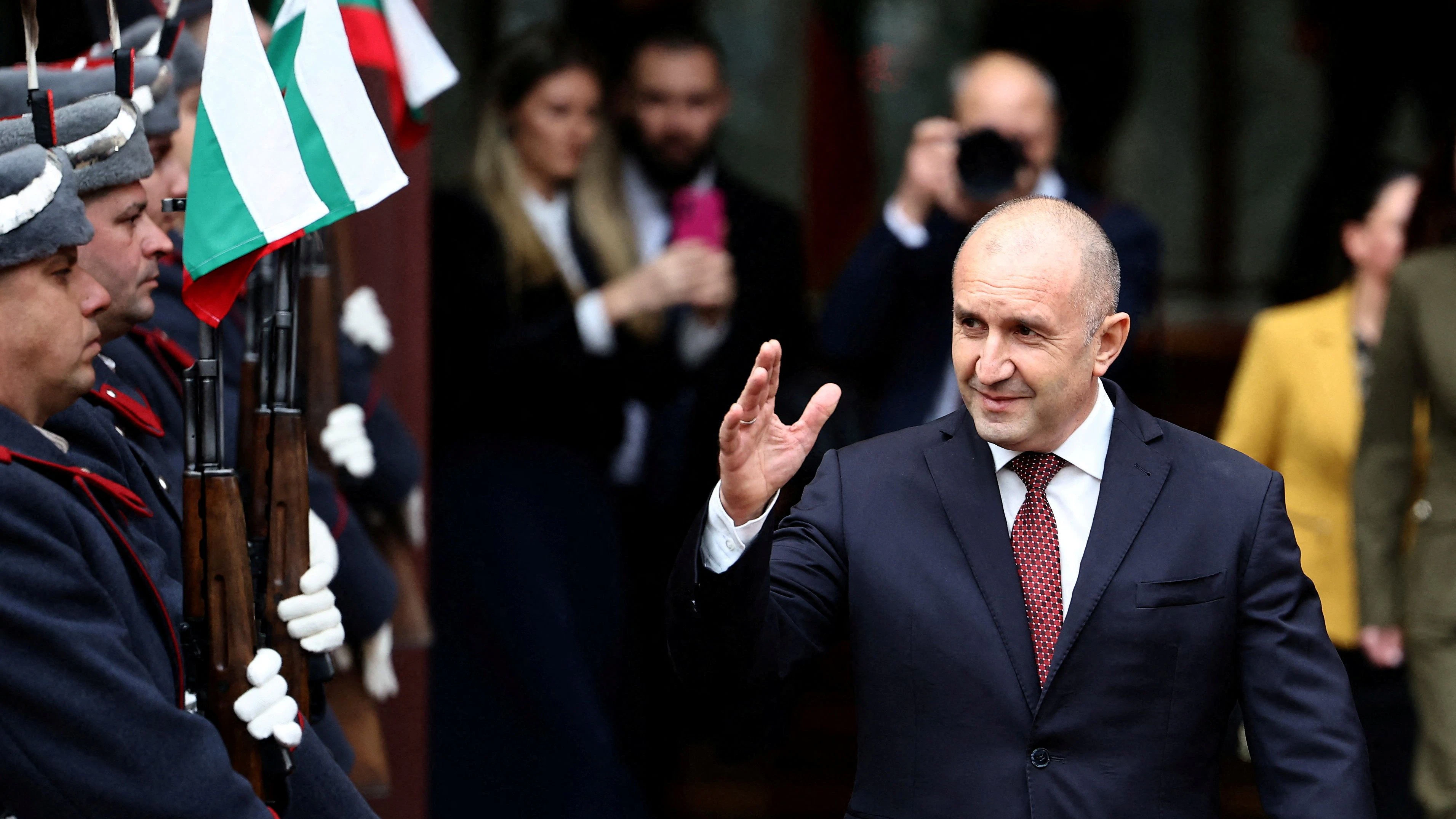 FILE PHOTO: Outgoing Bulgarian President Rumen Radev waves to supporters as he leaves the Presidency to officialy step down, in Sofia, Bulgaria, January 23, 2026. REUTERS/Stoyan Nenov/File Photo