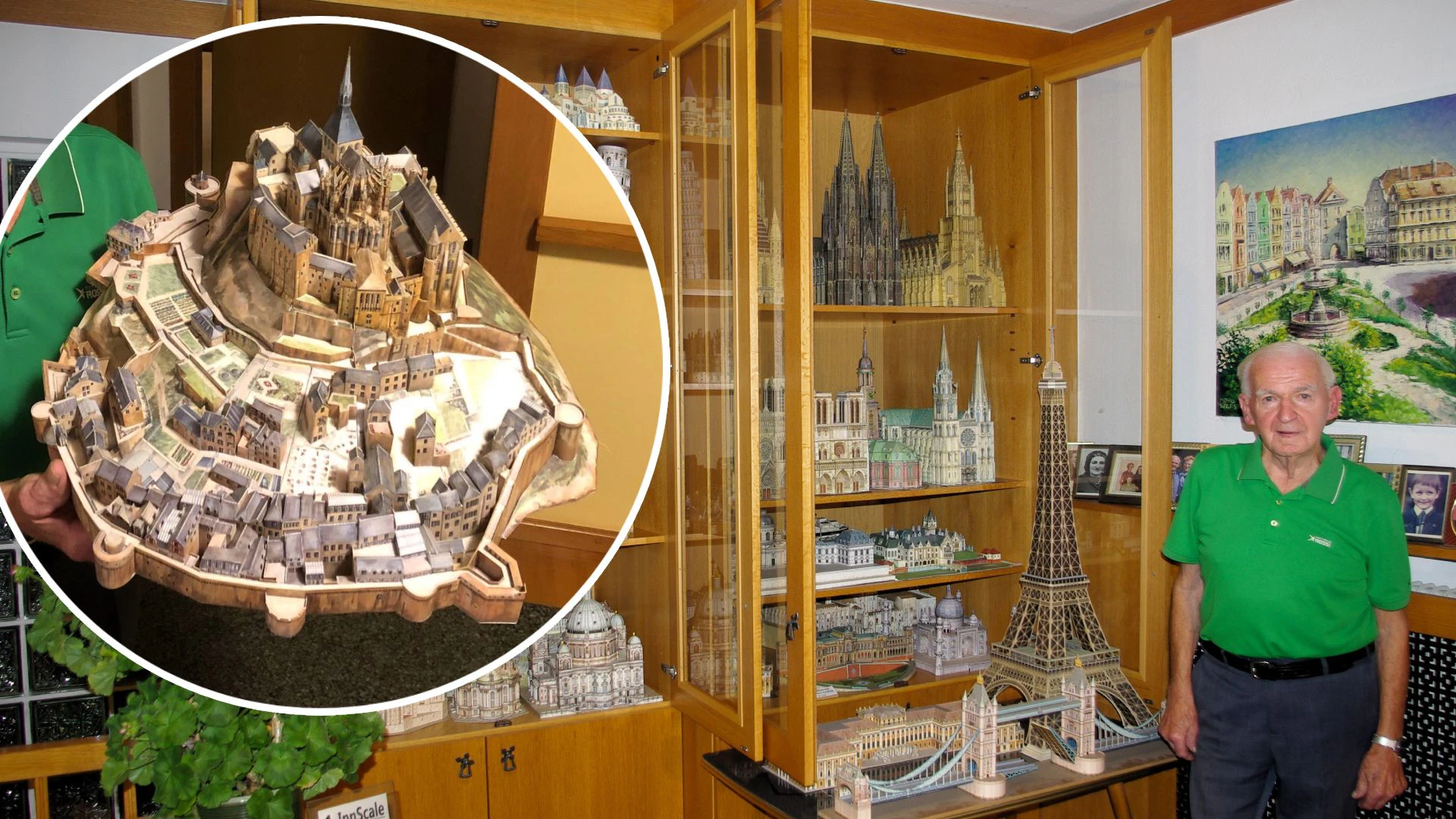 Furtner mit seinen Kreationen: Sein Lieblingsstück ist die berühmte französische Abtei Mont Saint-Michel (li.).