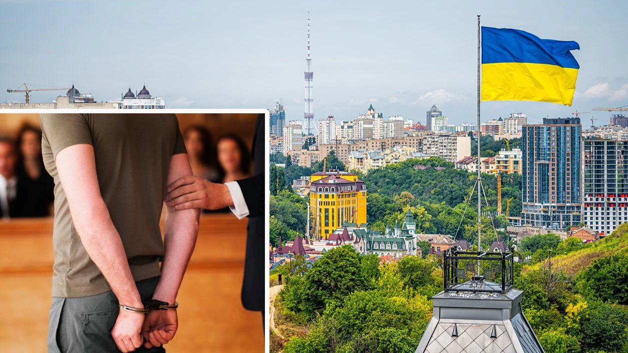 Kyiv, Ukraine cityscape of Kiev and Ukrainian flag waving in the wind during summer in Podil district and colorful new buildings