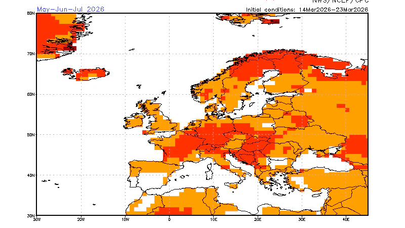 Prognostizierte Temperatur-Anomalien in Europa im Zeitraum Mai bis Juli 2026.