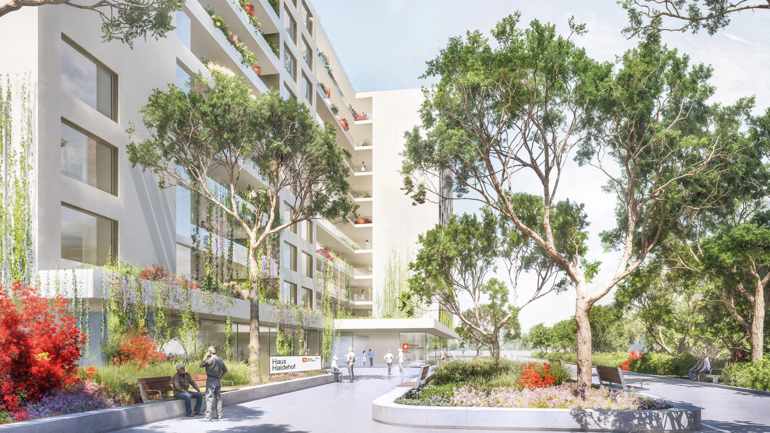 Bewohner, Besucher und Mitarbeiter betreten das neue Pflegewohnhaus über einen begrünten Vorplatz an der Rhezakgasse.