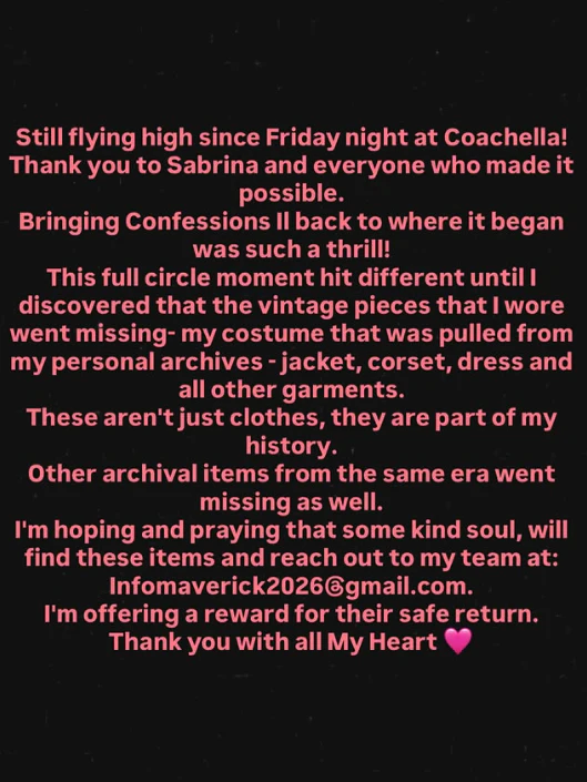 Nach dem Coachella-Festival meldet sich Madonna mit dieser Nachricht auf ihrem Instagram-Profil bei ihren Fans. Einige ihrer Kostüme dürften vermisst sein.