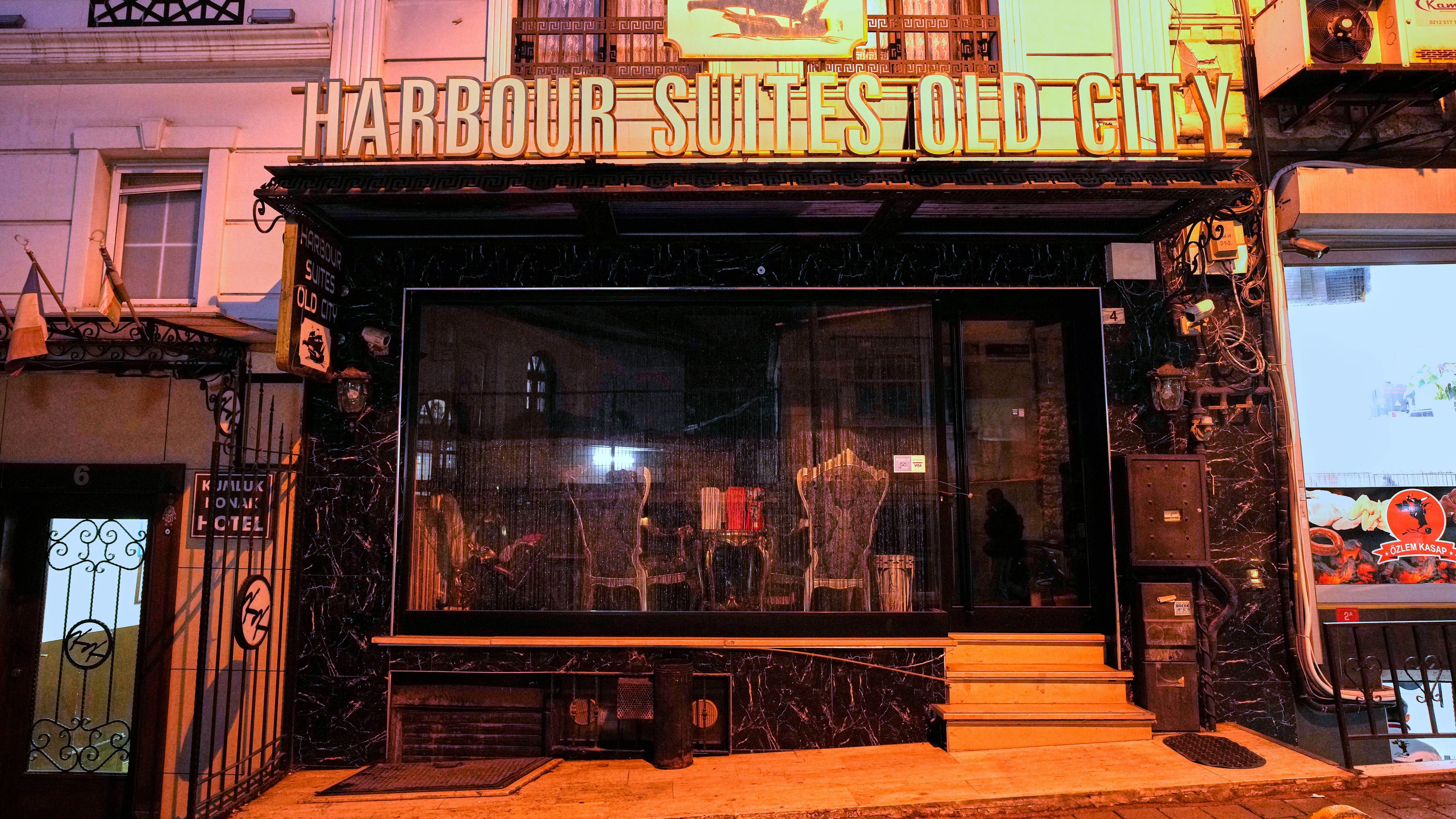 The main entrance door of the Harbour Suites Old City hotel is sealed, in Istanbul, Turkey, Monday, Nov. 24, 2025. (AP Photo/Emrah Gurel)