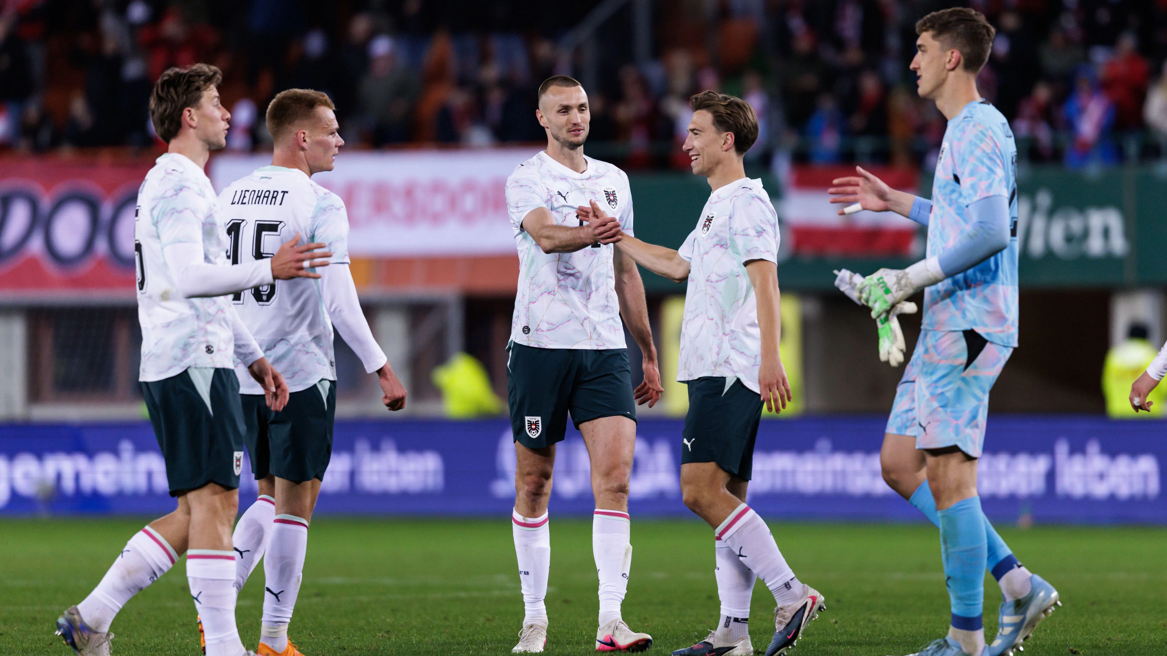 VIENNA,AUSTRIA,27.MAR.26 - SOCCER - OEFB international test match, Austria vs Ghana. Image shows the rejoicing of Michael Svoboda, Philipp Lienhart, Sasa Kalajdzic, David Affengruber and Florian Wiegele (AUT). Photo: GEPA pictures/ Armin Rauthner
