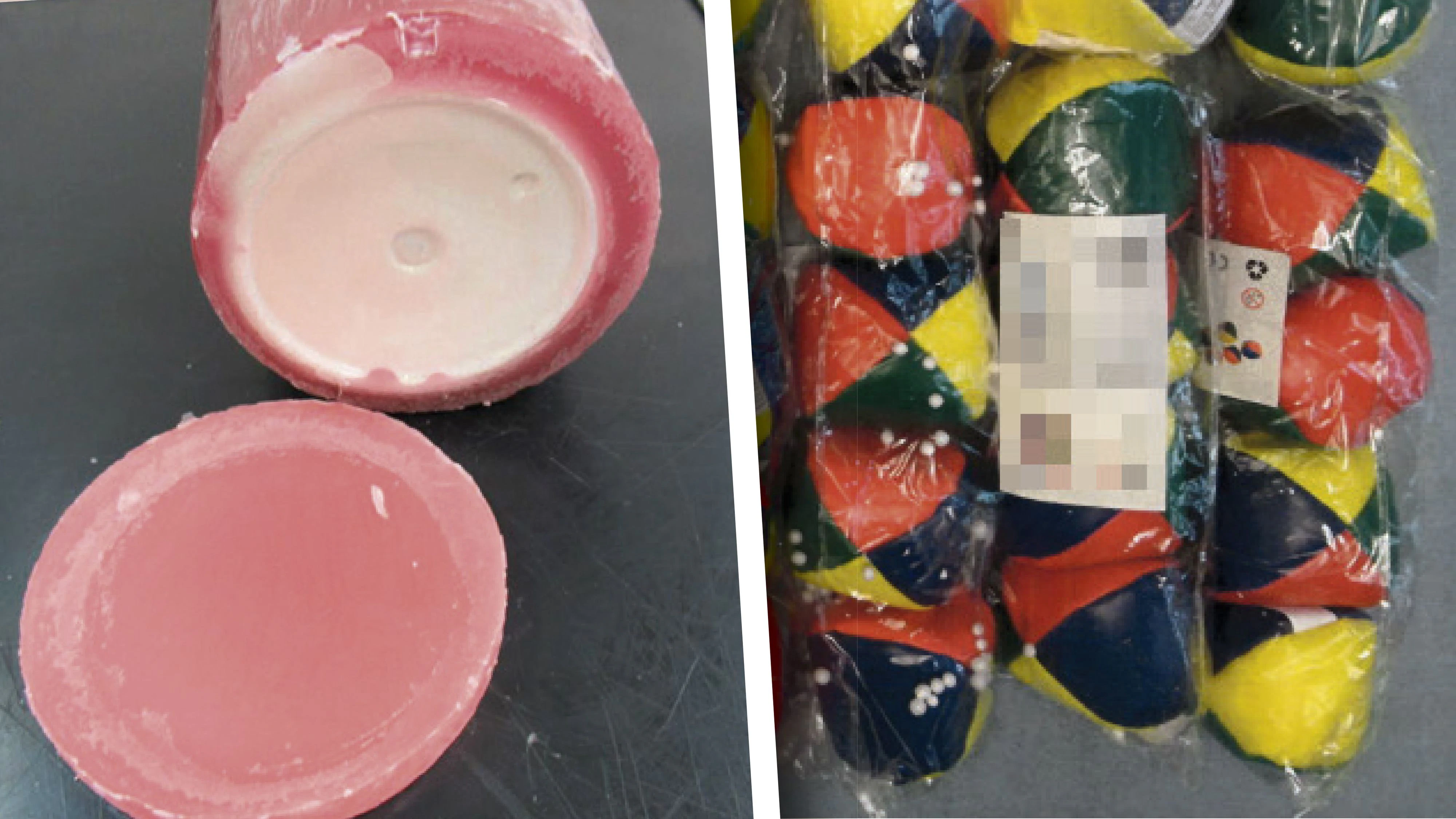 Hier wurden die Drogen versteckt: in Kerzen (l.) und Spielbällen