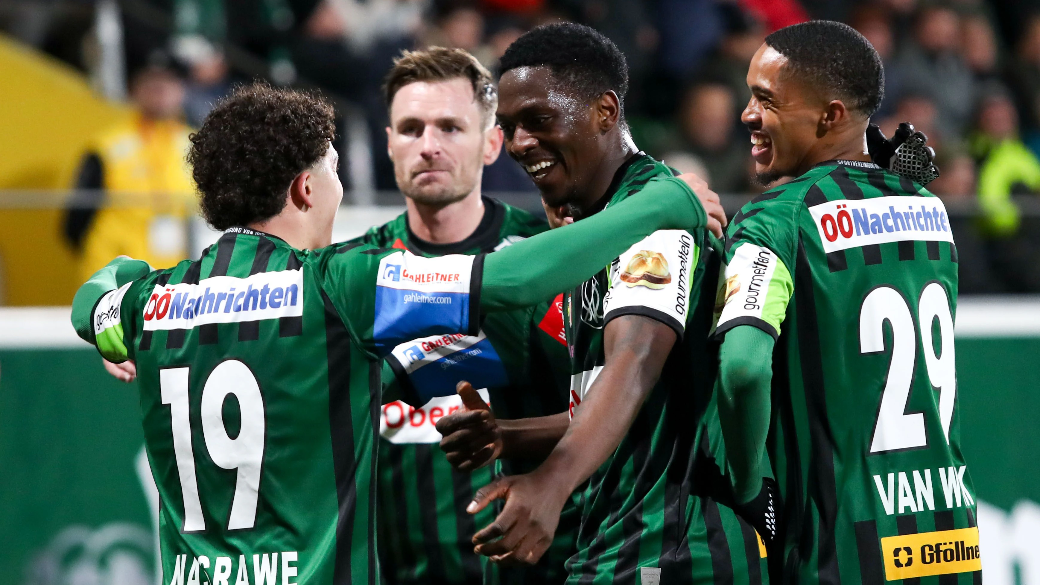 RIED,AUSTRIA,21.APR.26 - SOCCER - ADMIRAL Bundesliga, qualification group, SV Ried vs Grazer AK 1902. Image shows the rejoicing of Kingstone Mutandwa and Antonio Van Wyk (Ried). Photo: GEPA pictures/ Mathias Mandl