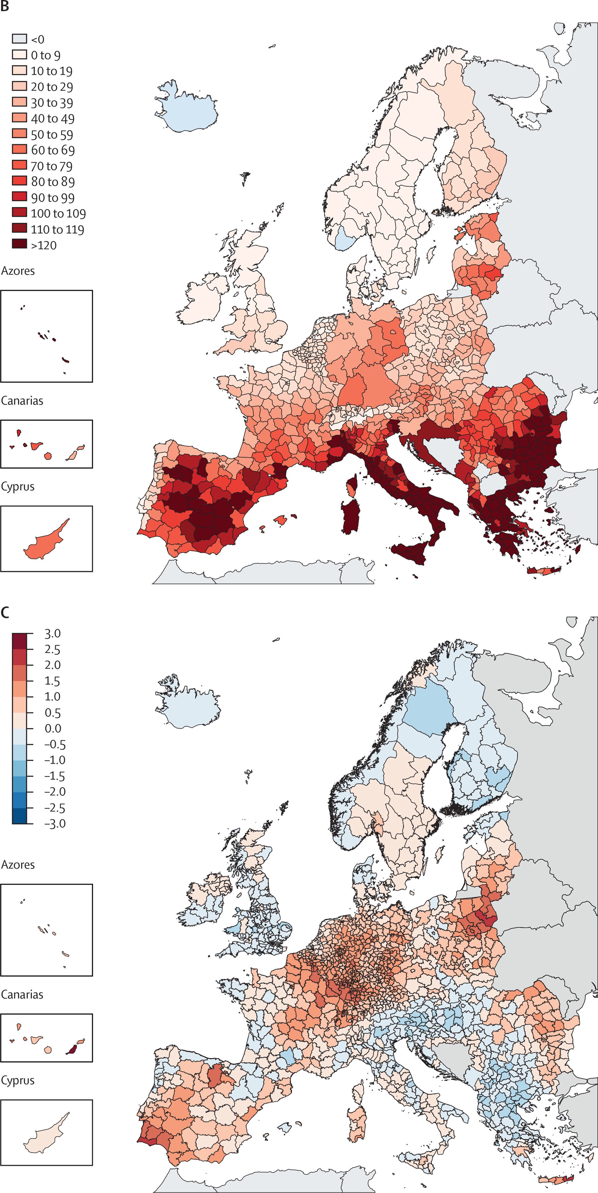 Veränderung der hitzebedingten Sterblichkeit, ausgedrückt als Anstieg der jährlichen Todesfälle pro Million Einwohner in Europa (Vergleich von 1991-2000 mit 2015-2024).