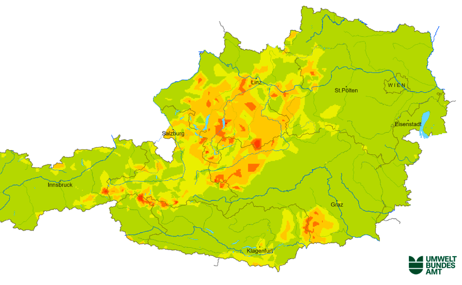 Höhe Cäsium-Werte in Teilen Oberösterreichs, in Salzburg und in der Steiermark.