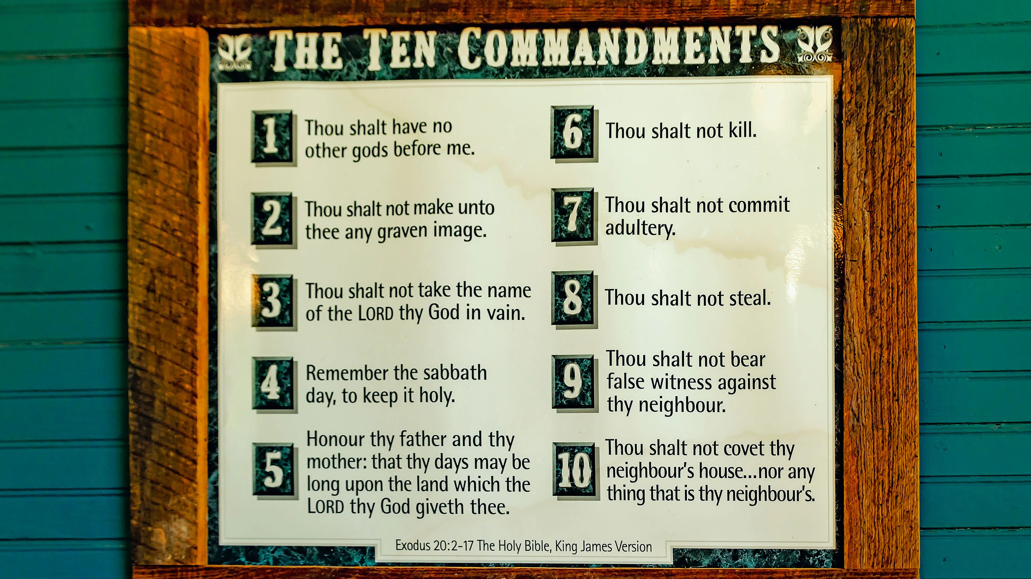Stockton, Alabama, USA - April 22, 2023: The Ten Commandments hang on a wall in the Little Red Schoolhouse, also known as Blakely School, in Baldwin County Bicentennial Park in Stockton, Alabama.