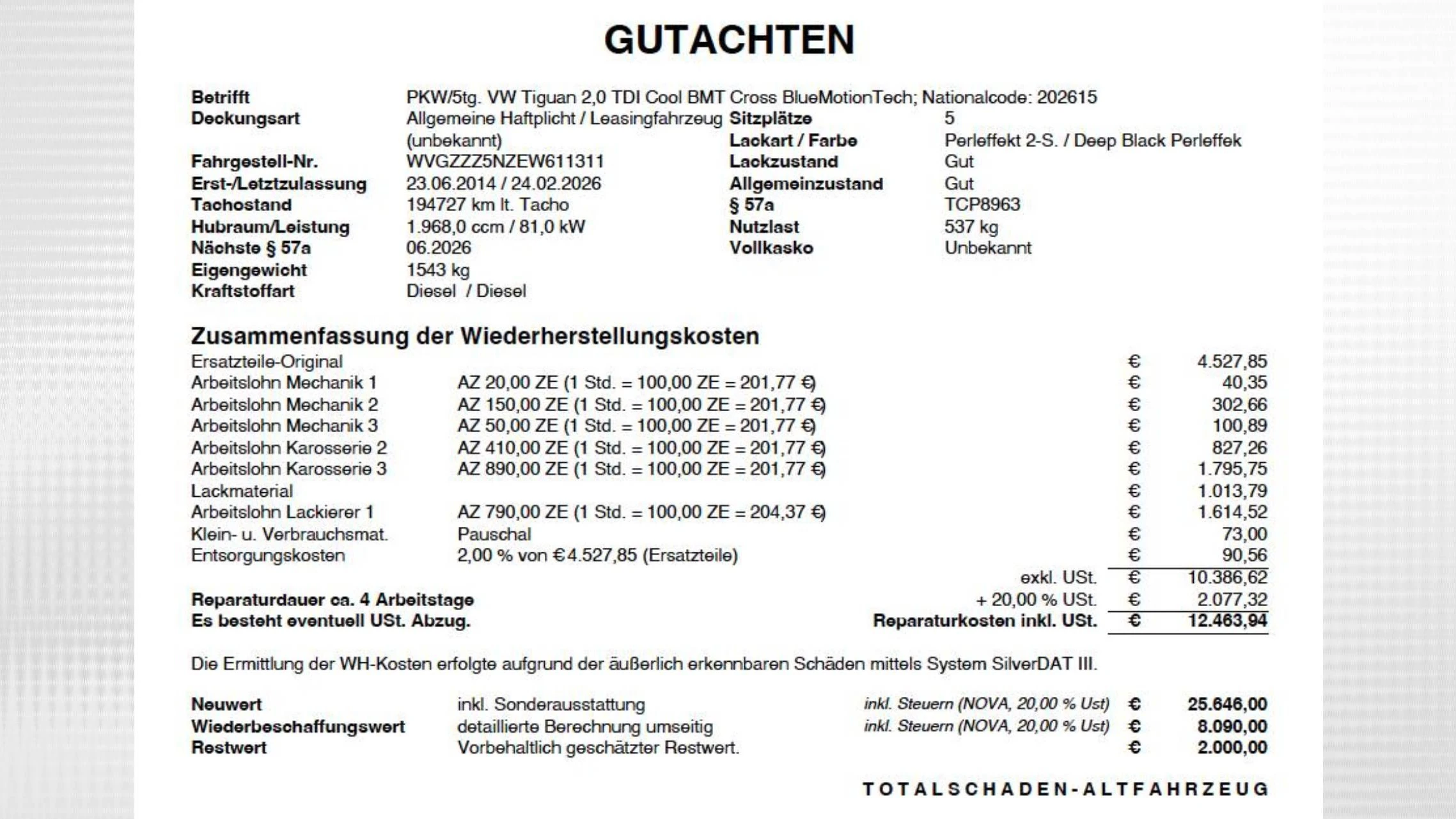 Laut Gutachten ist der VW ein Totalschaden.