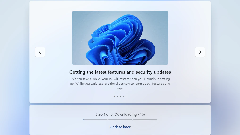 Wenn du auf "Update later" klickst, wird Windows 11 angewiesen, im Hintergrund weiter nach Updates zu suchen, ohne die Ersteinrichtung zu unterbrechen.