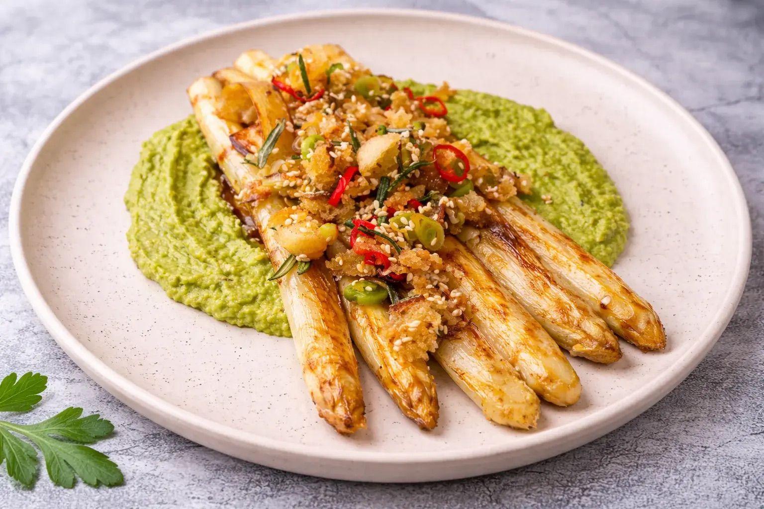 Hensslers Spargel mit Avocado und Knusper