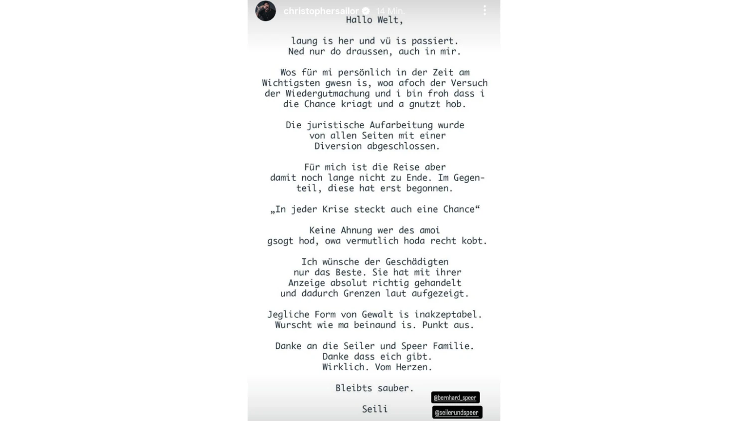 Christopher Seiler meldete sich mit einem neuen Statement bei seinen Followern.