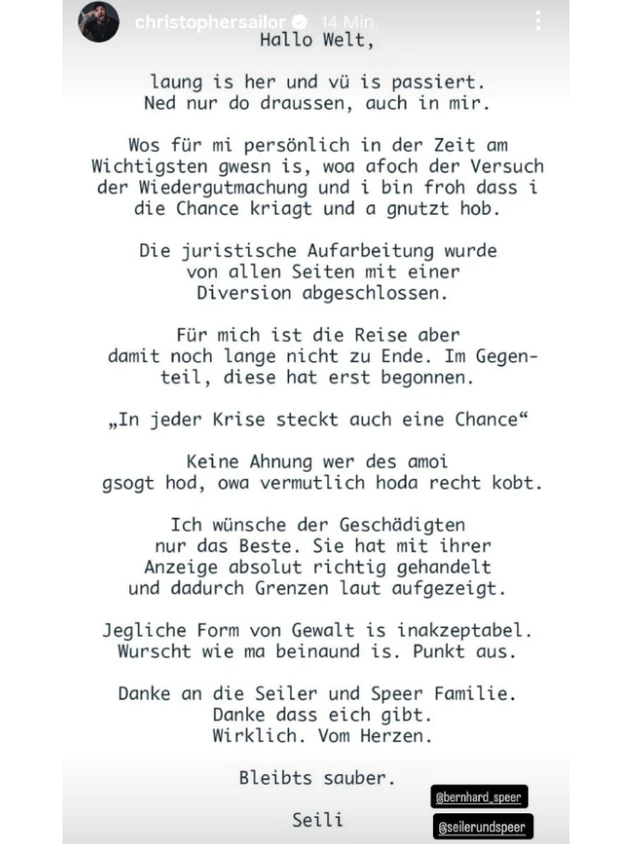 Christopher Seiler meldete sich mit einem neuen Statement bei seinen Followern.