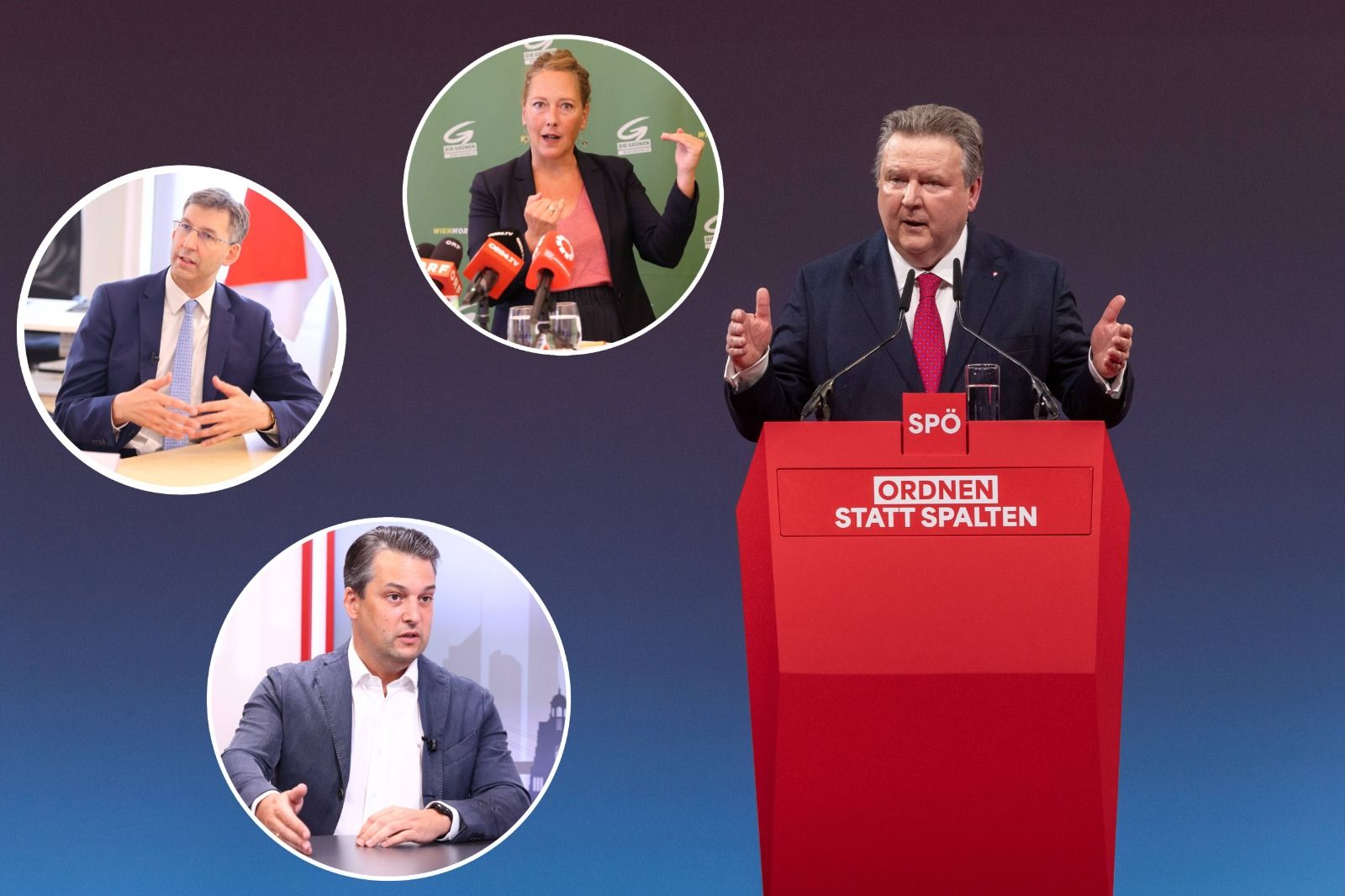 Markus Figl (ÖVP), Judith Pühringer (Grüne) und Dominik Nepp (FPÖ; unten) kritisieren die Rede von Bürgermeister Ludwig.