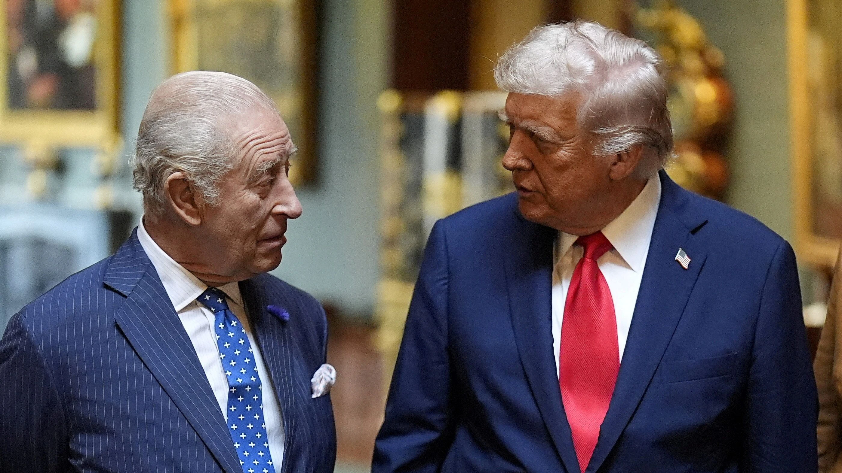 FILE PHOTO: King Charles III (left) with US President Donald Trump at Windsor Castle, Berkshire, before formally bidding farewell to the president on day two of their state visit to the UK, September 18, 2025.    Aaron Chown/Pool via REUTERS/File Photo