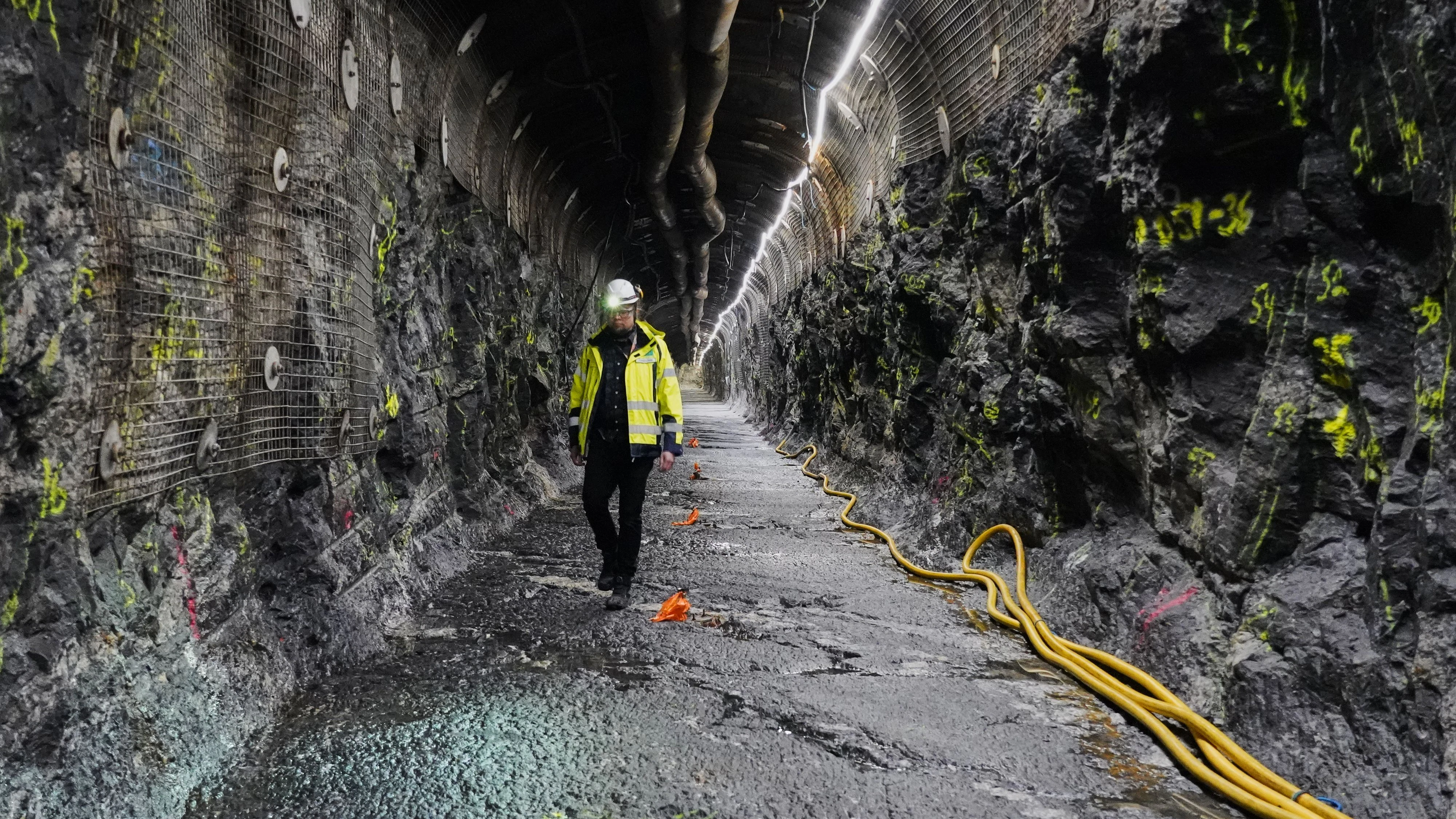 Geologist Tuomas Pere walks down a disposal tunnel inside the Posiva Onkalo nuclear waste repository on the island of Olkiluoto, Finland, Tuesday, Feb. 24, 2026. (AP Photo/James Brooks)