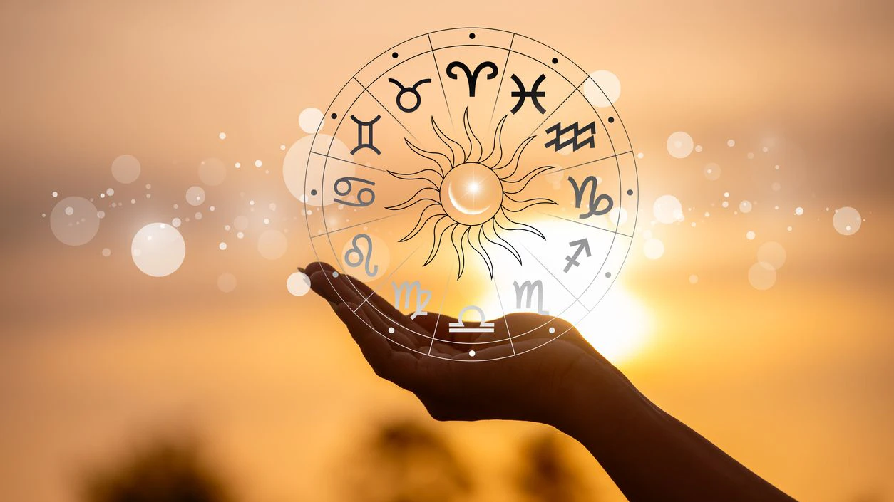 Zodiac signs, astrology and horoscopes concepts. Zodiac signs inside of horoscope circle. Astrology in the sky with many stars and moons astrology and horoscopes concept