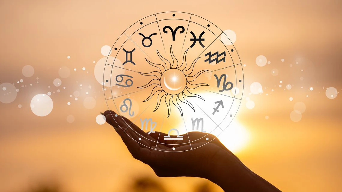Zodiac signs, astrology and horoscopes concepts. Zodiac signs inside of horoscope circle. Astrology in the sky with many stars and moons astrology and horoscopes concept