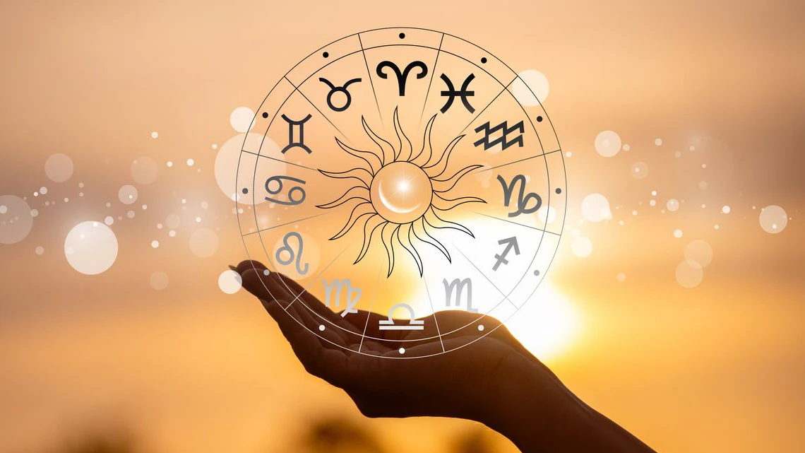 Zodiac signs, astrology and horoscopes concepts. Zodiac signs inside of horoscope circle. Astrology in the sky with many stars and moons astrology and horoscopes concept