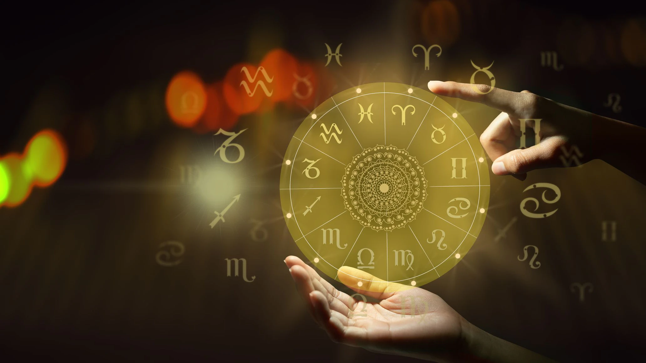 Human predicts the future. Astrology zodiac sign horoscope wheel of fortune hologram with mandala inside and abstract background. Power of the moon and the Universe.