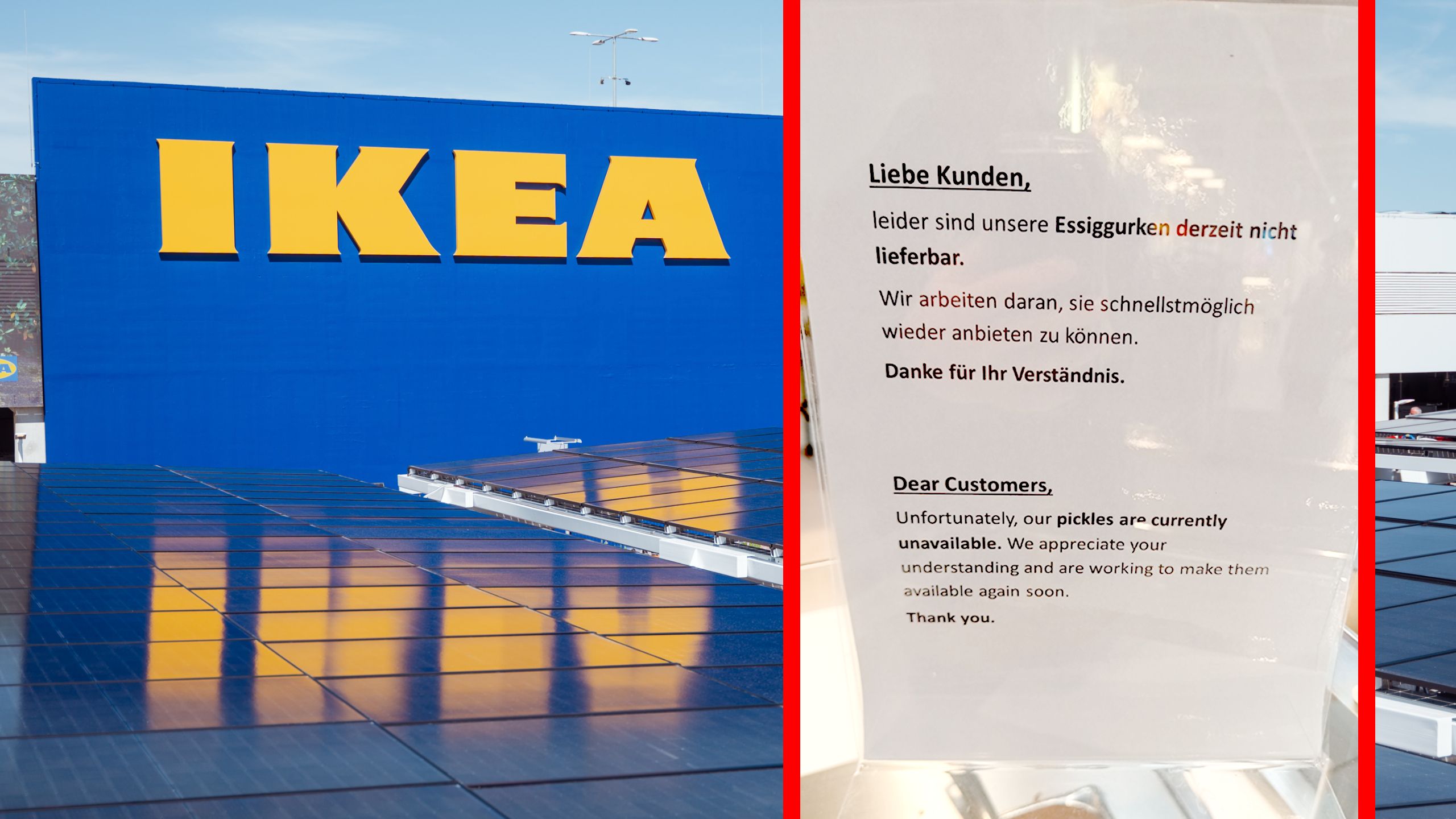 Mit einem Schild auf der Theke wurden die Bistro-Besucher im Ikea in der SCS Vösendorf über den misslichen Gurkel-Umstand informiert. IKEA Vösendorf ist mit jährlich rund fünf Millionen Besuchern die größte und meistfrequentierte Filiale in Österreich. Zwei große Photovoltaik-Anlagen auf Dach und Carport liefern jährlich 1,2 Millionen Kilowattstunden grünen Strom.