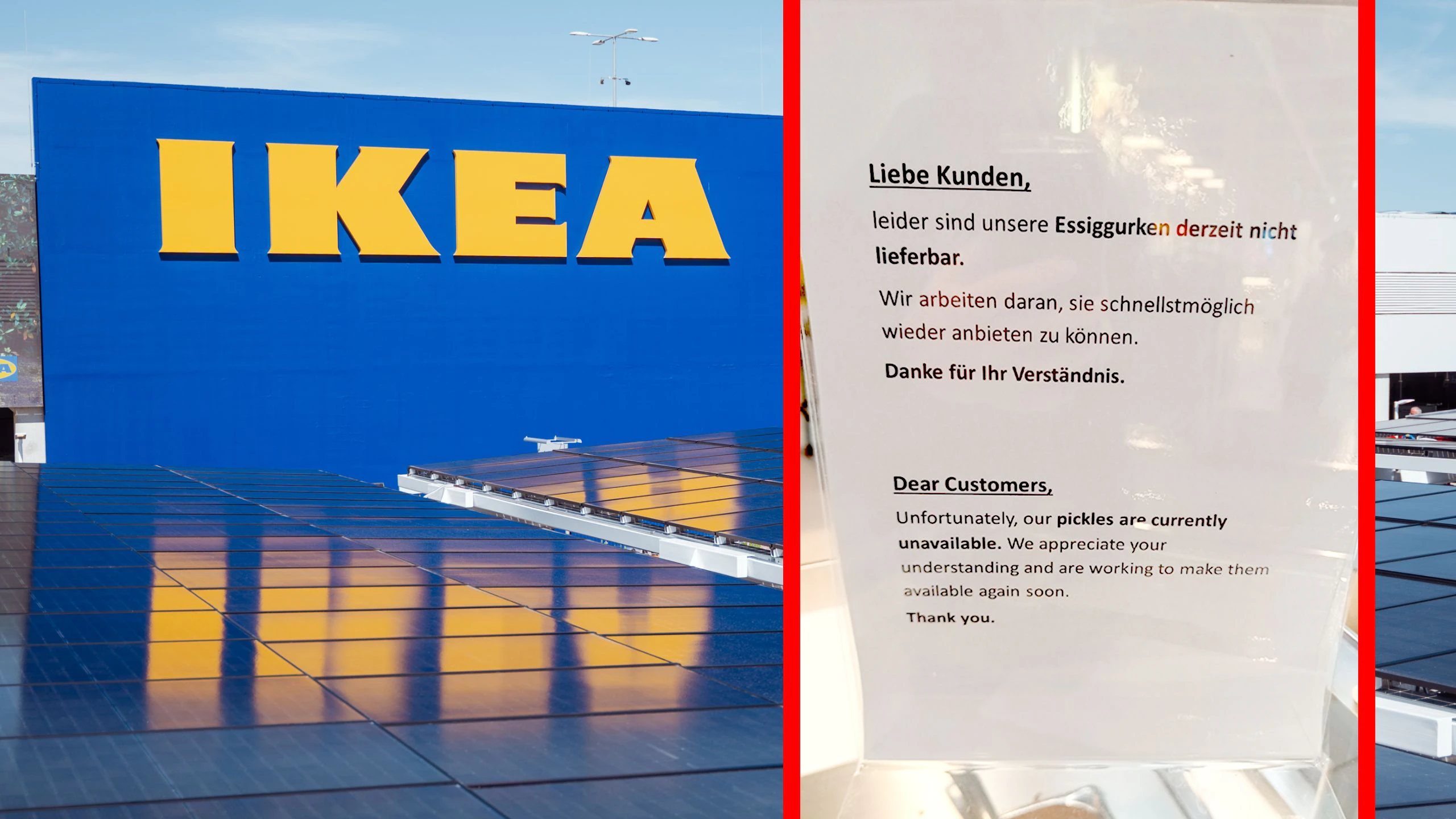 Mit einem Schild auf der Theke wurden die Bistro-Besucher im Ikea in der SCS Vösendorf über den misslichen Gurkel-Umstand informiert. IKEA Vösendorf ist mit jährlich rund fünf Millionen Besuchern nicht nur das größte, sondern auch das meistfrequentierte Einrichtungshaus von IKEA in Österreich. Der umfassende Umbau 2025 stand auch im Zeichen der Nachhaltigkeit: zwei große Photovoltaik-Anlagen auf Dach und Carport sollen jährlich 1,2 Millionen Kilowattstunden Strom liefern.