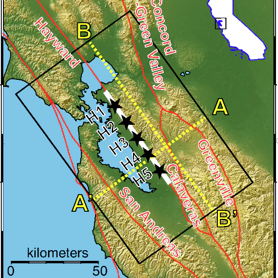 San Francisco Bay: Das schwarze Rechteck umreißt den Simulationsbereich eines Erdbebens.