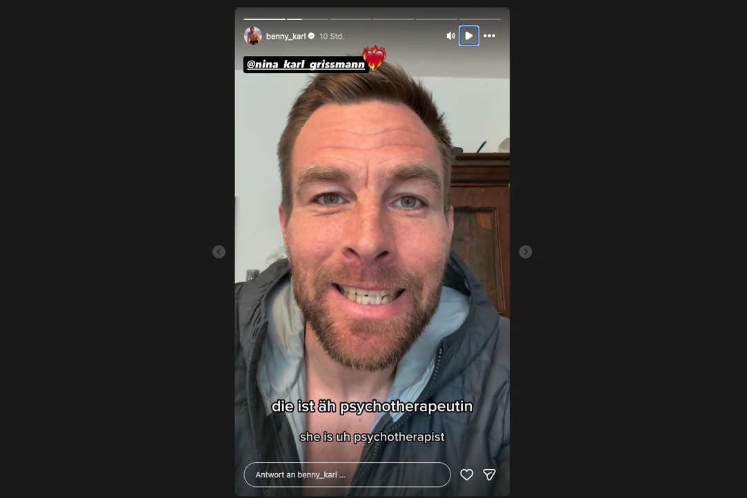 Screenshot aus Karls Insta-Story: "Nina kann jederzeit, darf, kann, ist ihre Entscheidung, auf Mädelstrip fahren"